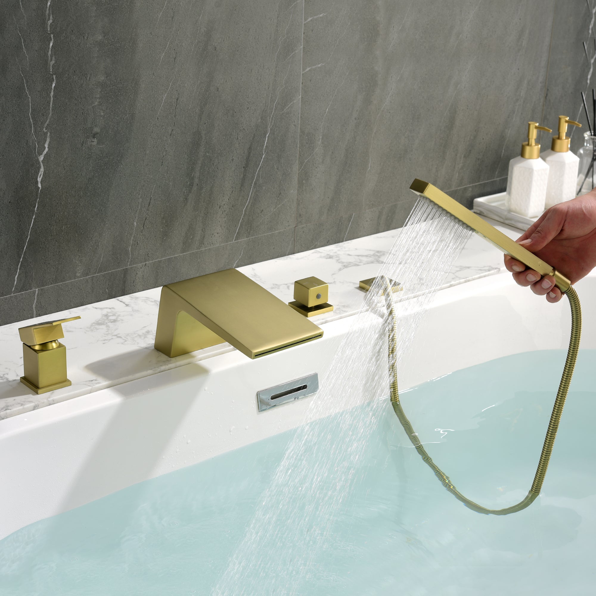 Boyel Living Tub Deck Mount Roman Bathtub Faucet with Hand Shower and Water Suply Hose-Boyel Living