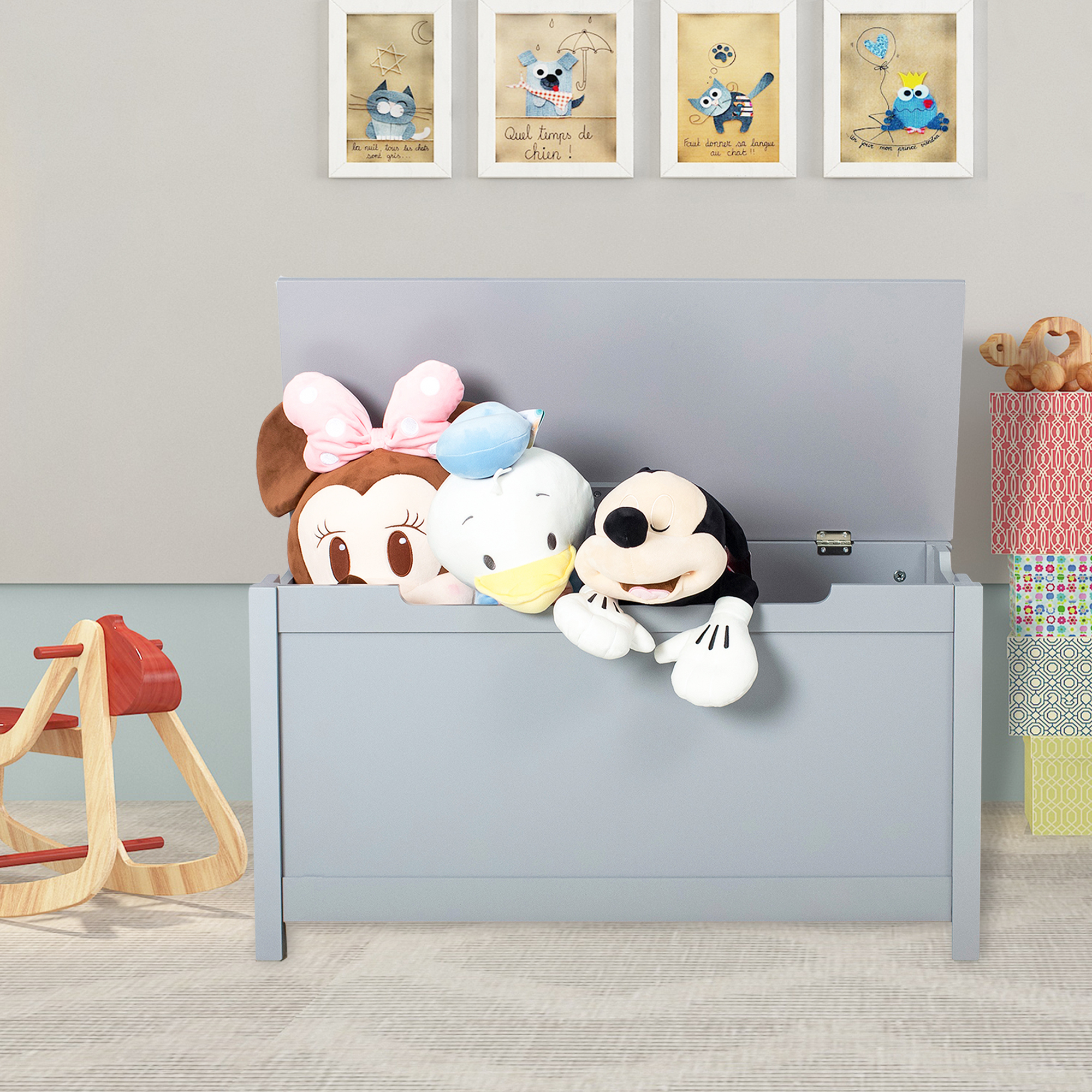 Kids Wooden Toy Box/Bench with Safety Hinged Lid for Ages 3+-Boyel Living