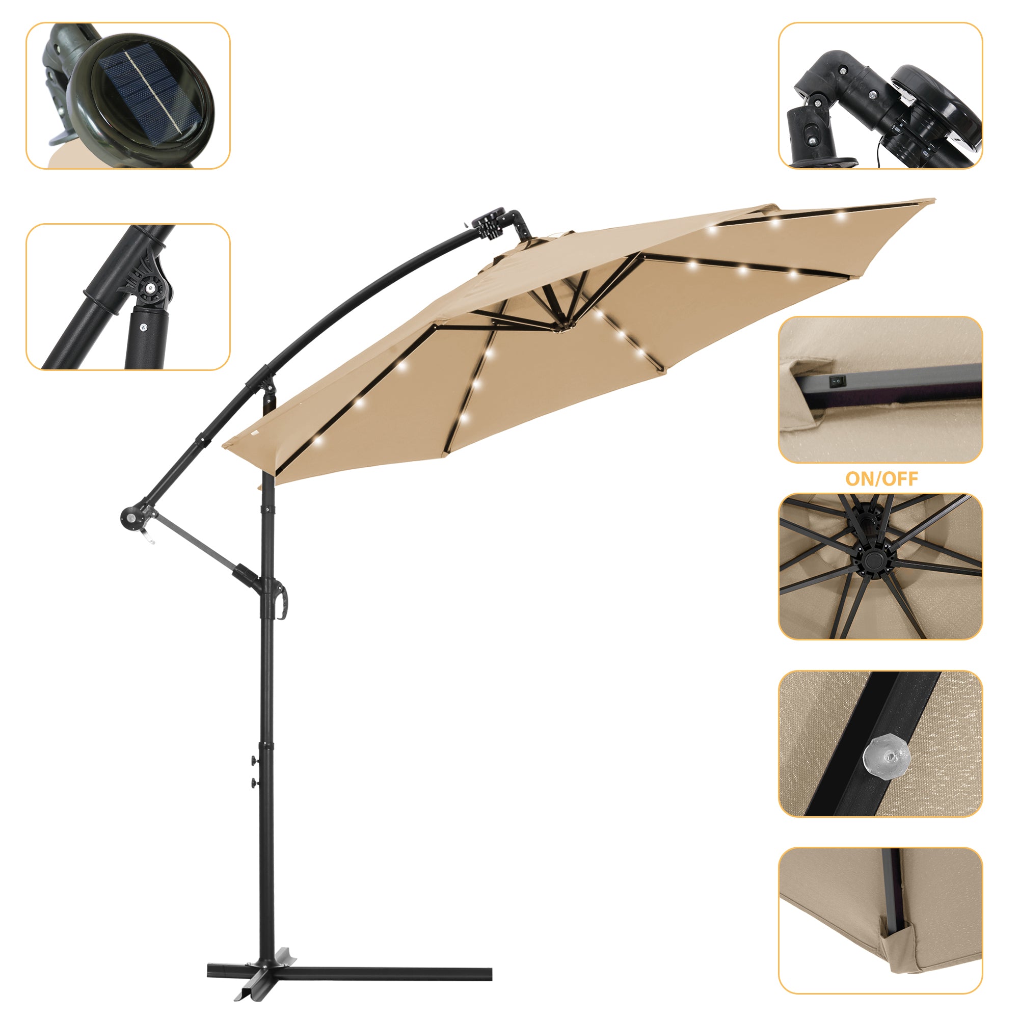 10 FT Solar LED Patio Outdoor Umbrella Hanging Cantilever Umbrella Offset Umbrella Easy Open Adustment with 24 LED Lights - tan-Boyel Living