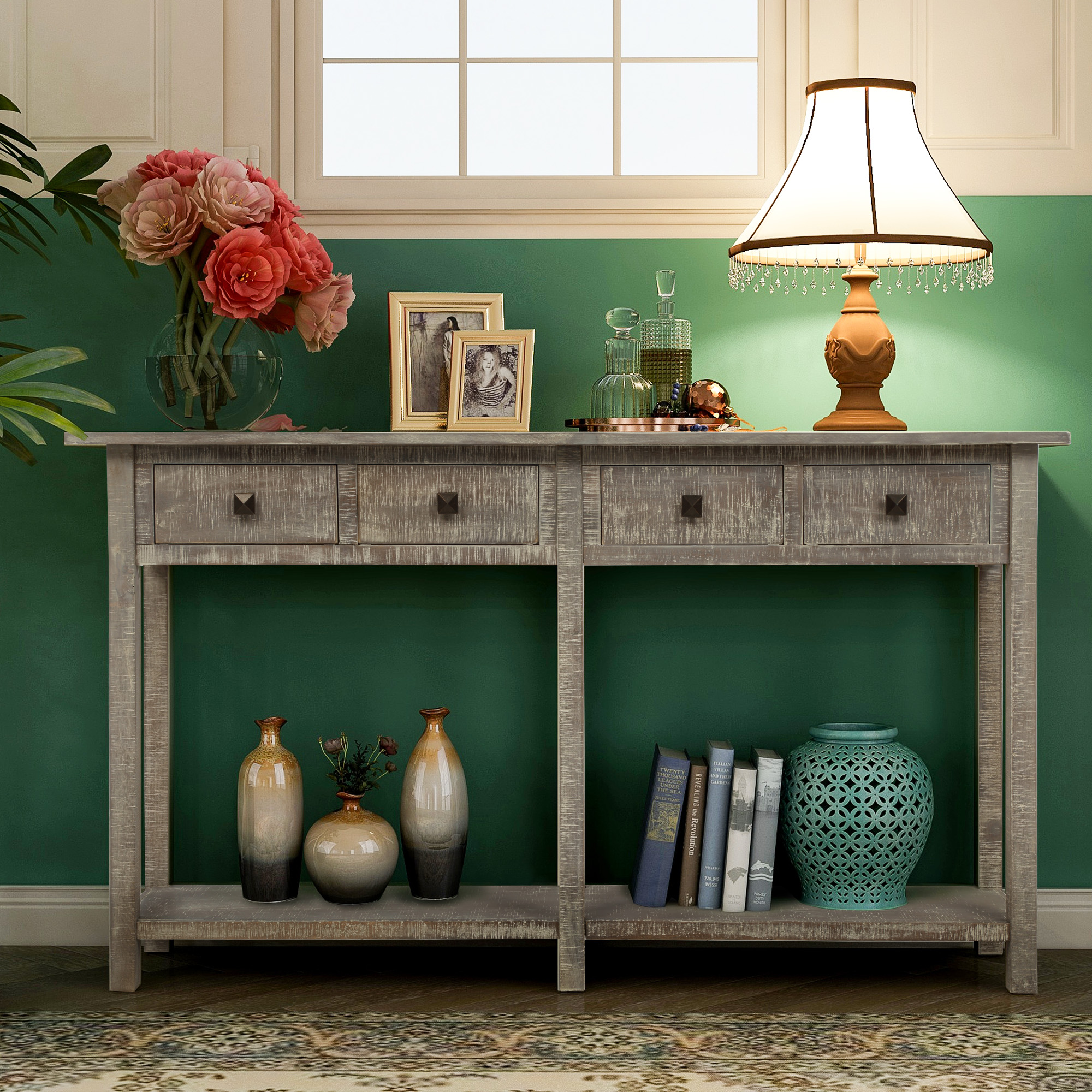 Rustic Brushed Texture Entryway Table Console Table with Drawers and Bottom Shelf for Living Room (Grey Wash)-Boyel Living