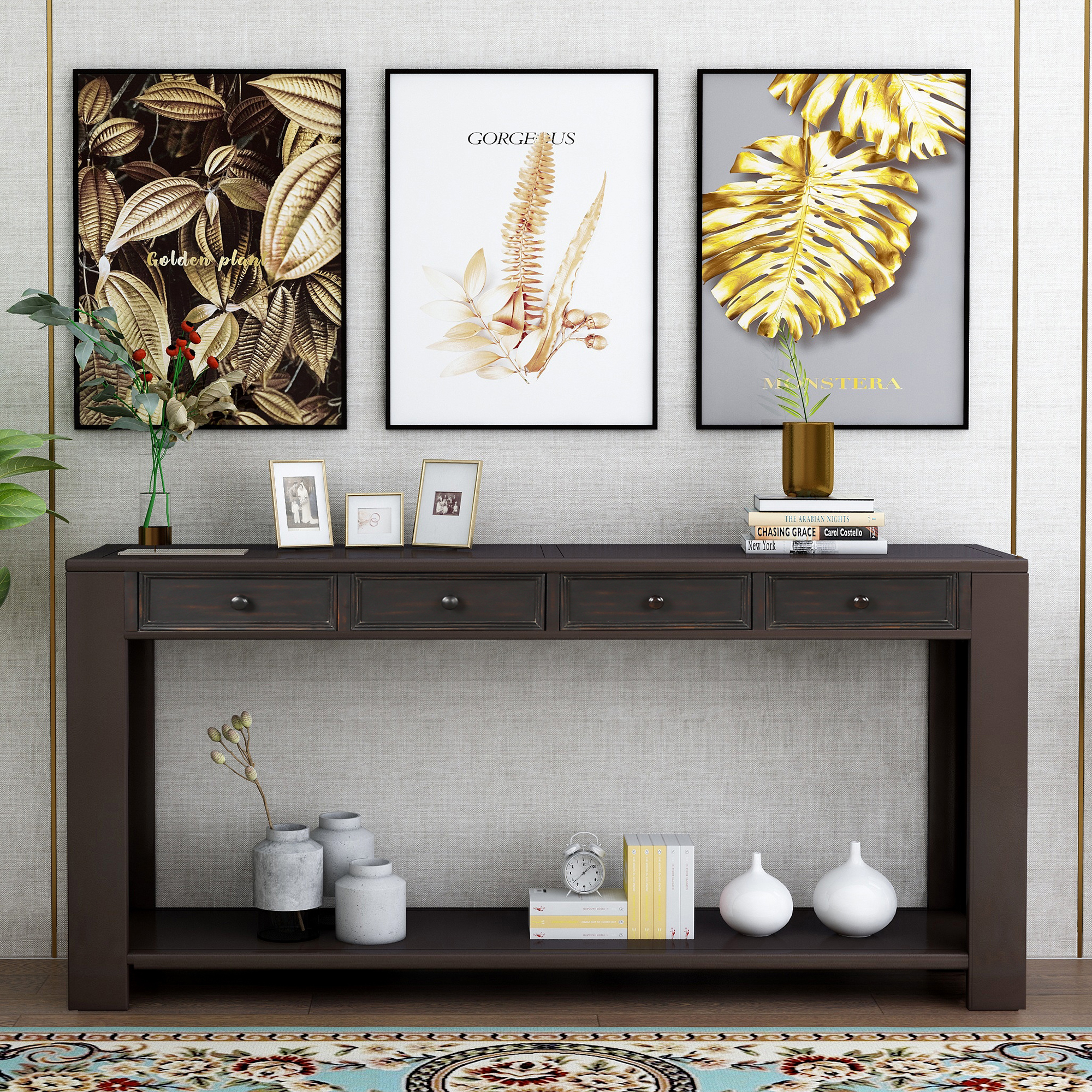 Console Table for Entryway Hallway Sofa Table with Storage Drawers and Bottom Shelf (Black)-Boyel Living