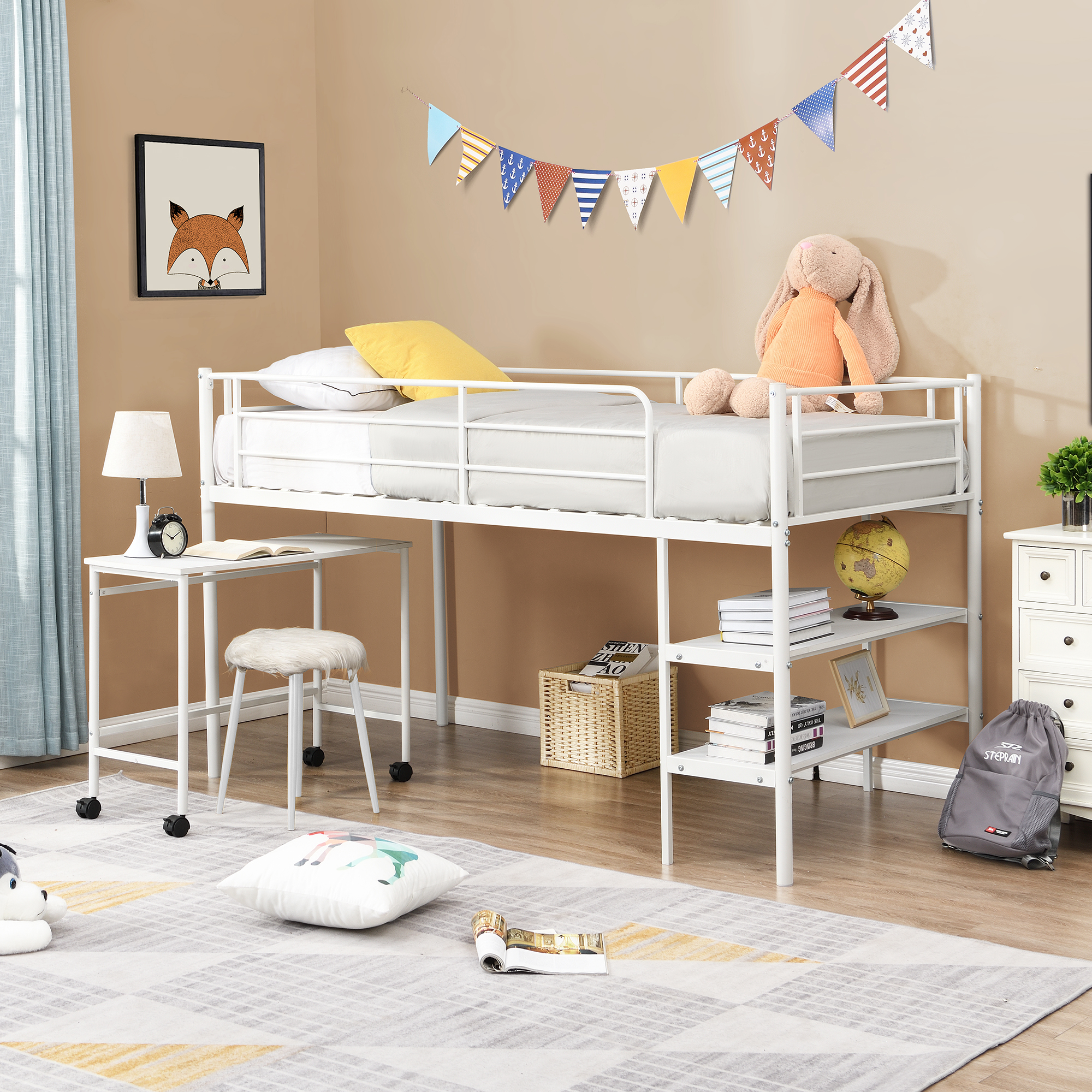 Twin Size Metal Low Loft Bed with Shelves and Built-in-Desk, White-Boyel Living