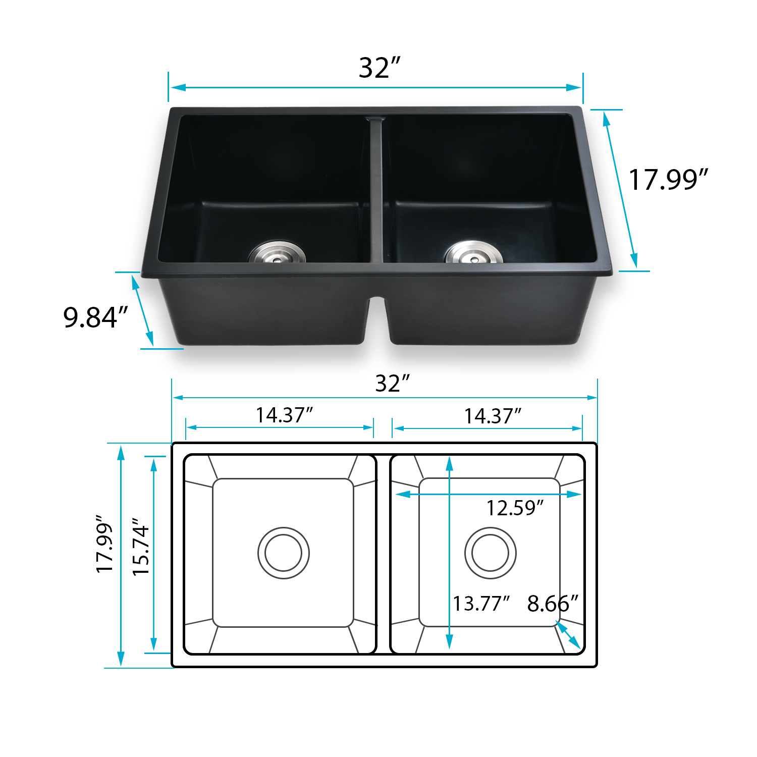 33" L X 18" W Double Bowl Undermount Kitchen Sink With Basket Strainer