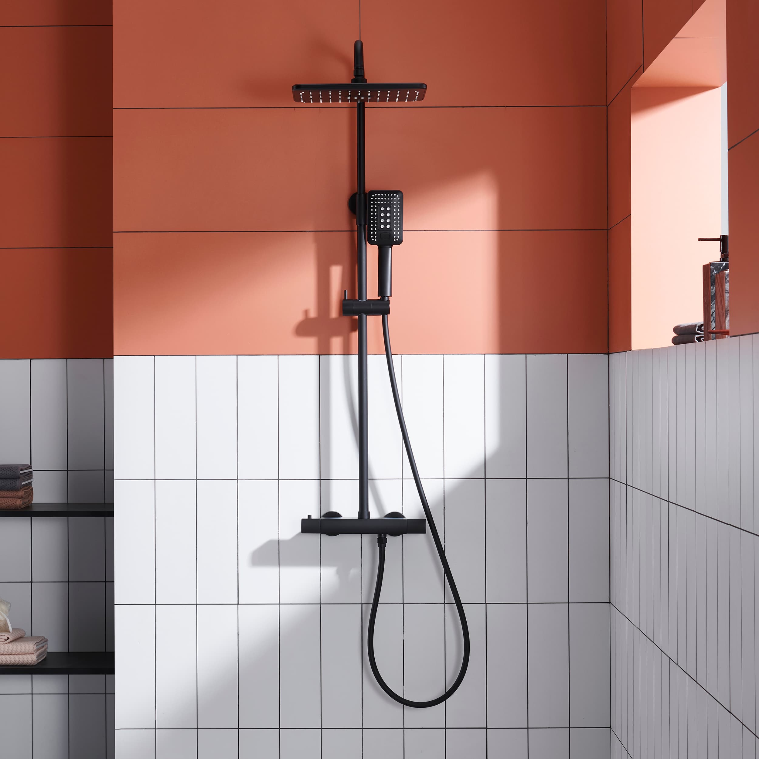 2 Function Wall Mount Rectangular Thermostatic Rain Shower System in Matte Black-Boyel Living