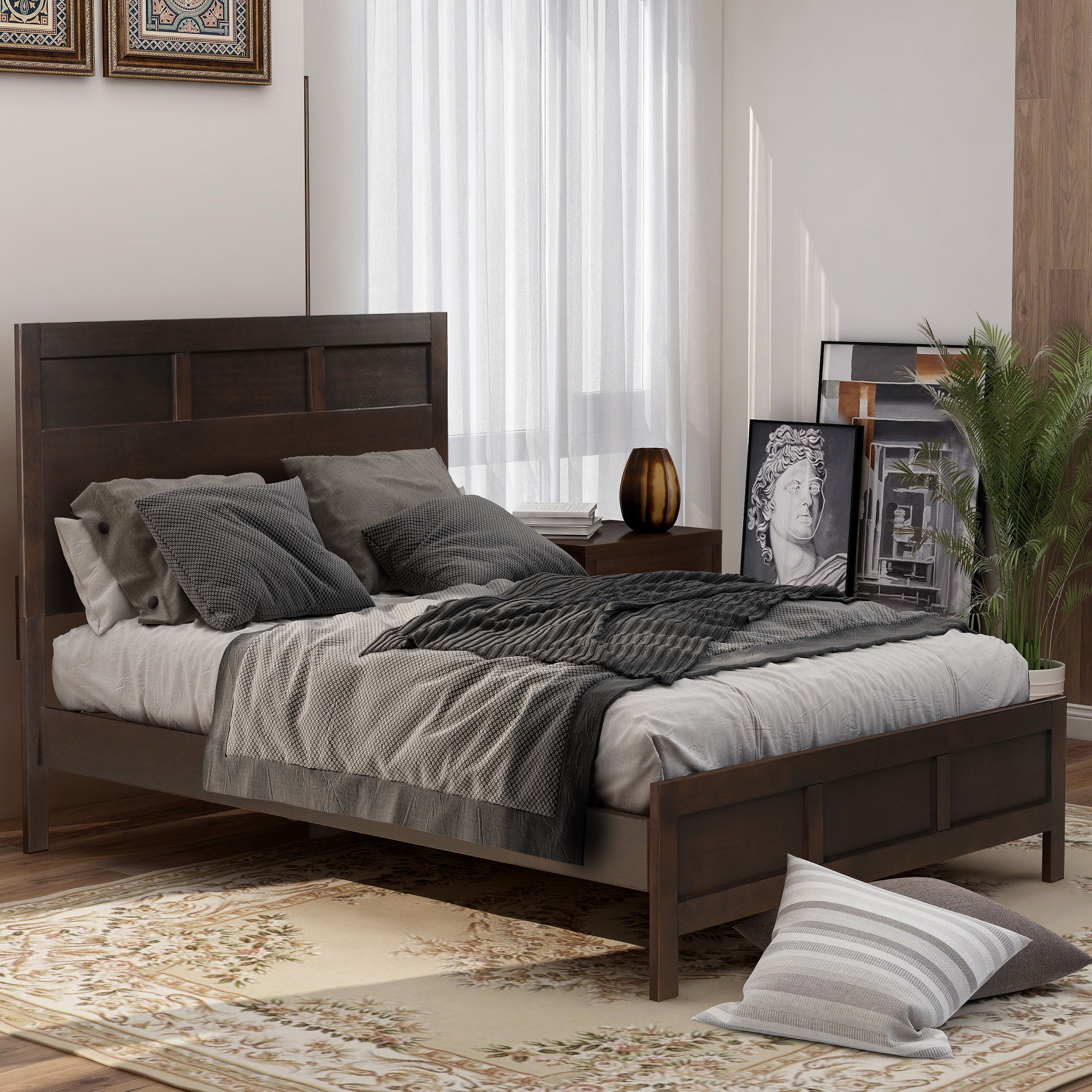 Classic Full Platform Bed in Rich Brown No Box Spring Needed( Configurable Bedroom Sets)-Boyel Living