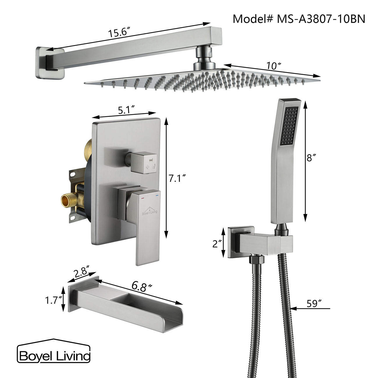 Boyel Living Single-Handle Shower System with Handheld Shower and Waterfall Tub Spout in Brushed Nickel, 10/12 in.-Boyel Living