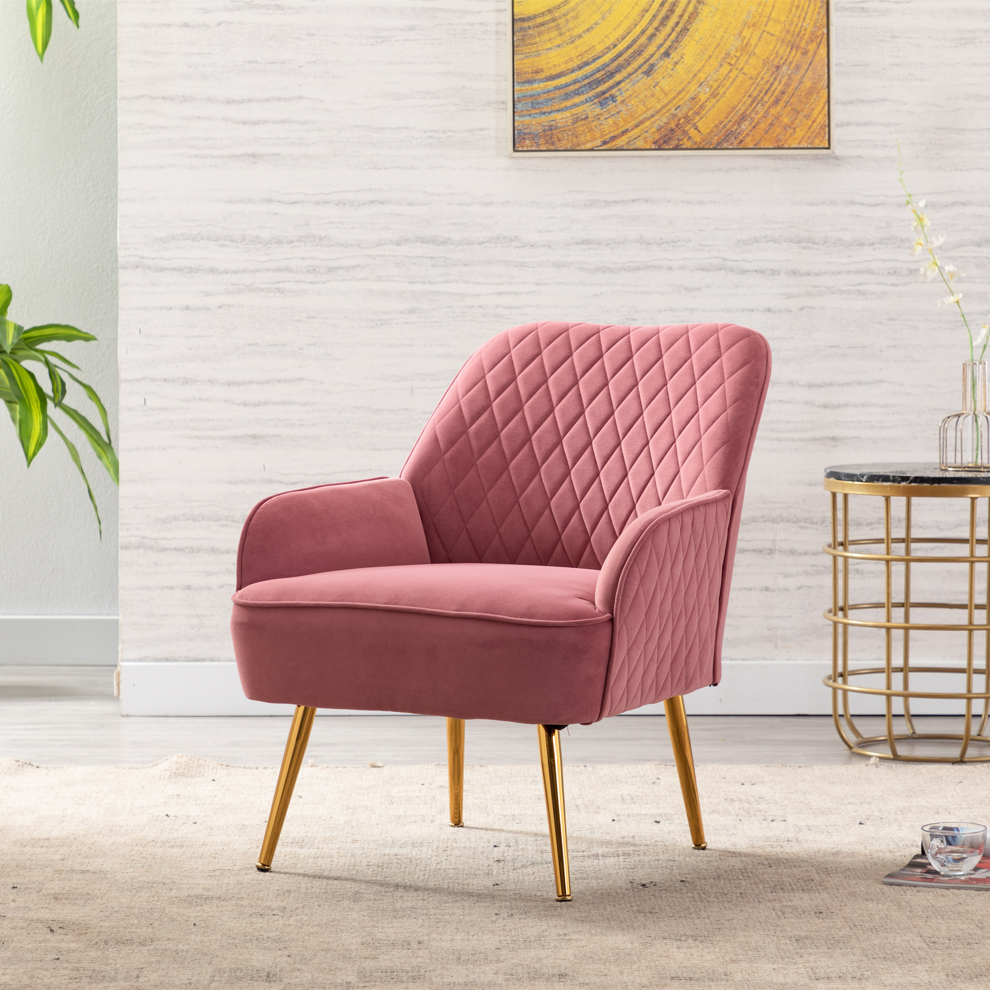 Modern Soft Velvet Material Dark Green Ergonomics Accent Chair Living Room Chair Bedroom Chair Home Chair With Gold Legs And Adjustable Legs For Indoor Home Pink-Boyel Living