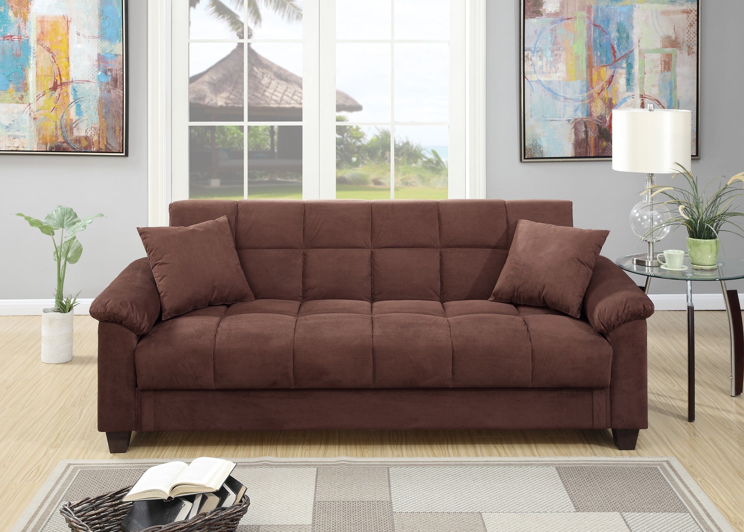 Contemporary Living Room Adjustable Sofa Chocolate Color Microfiber Plush Storage Couch 1pc Futon Sofa w Pillows-Boyel Living