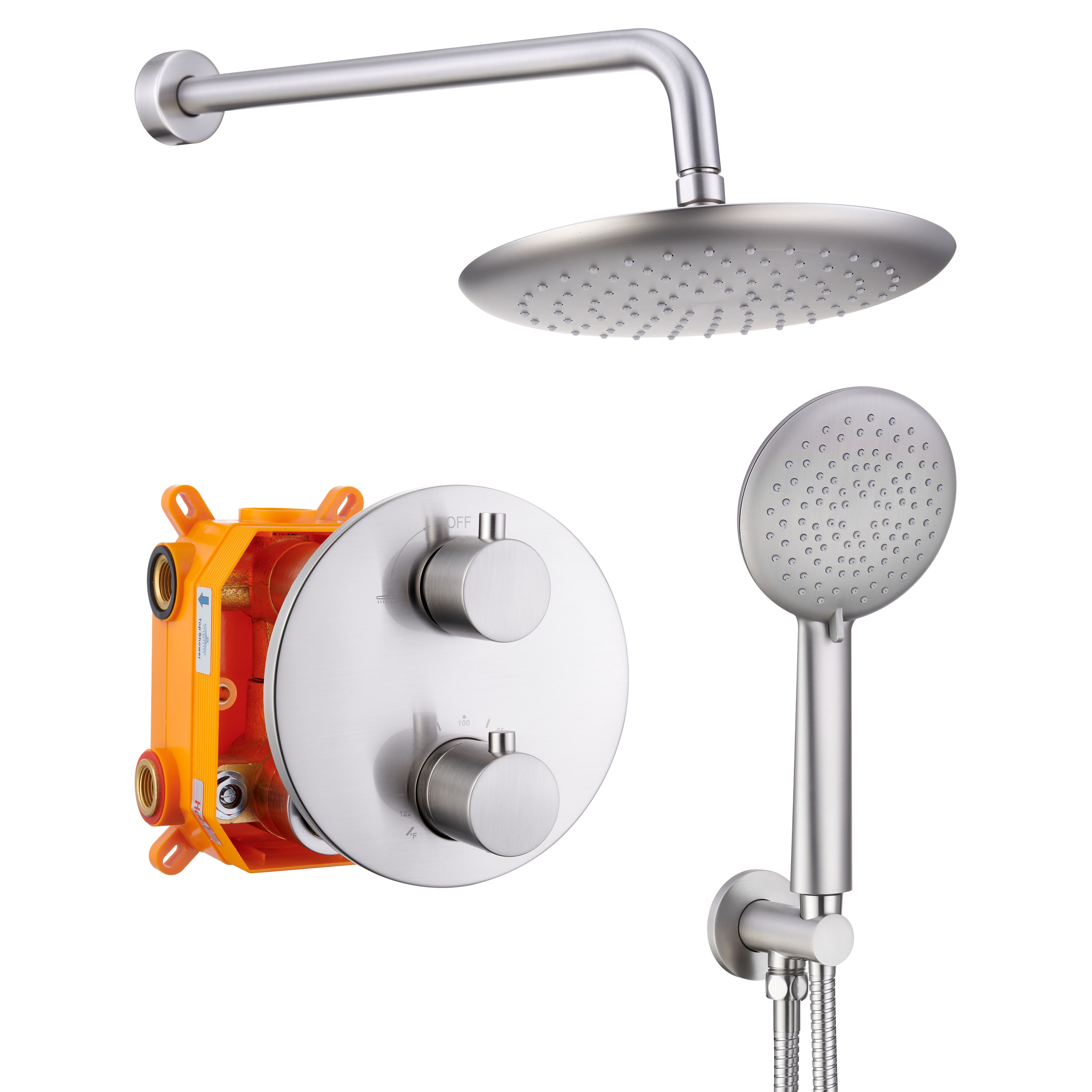Wall Mount Thermostatic Round Rain Shower System with 5 Spray Patterns Handheld Shower in Brushed Nickel-Boyel Living