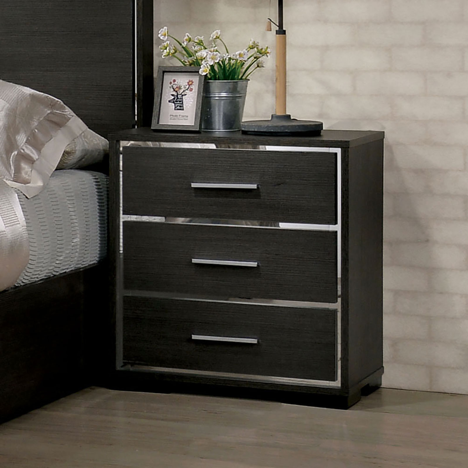 1x Nightstand Solid wood Warm Gray Sleek Modern Lines Chrome Trim Insert Contemporary Bedroom Furniture-Boyel Living