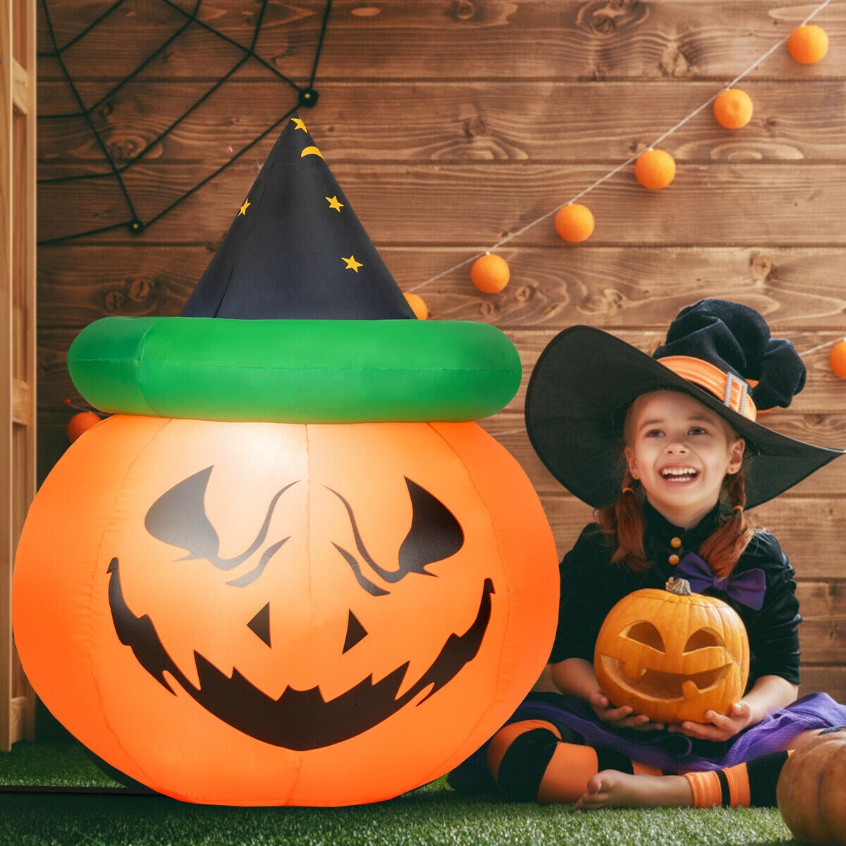 4 Ft Halloween Inflatable LED Pumpkin with Witch Hat-Boyel Living