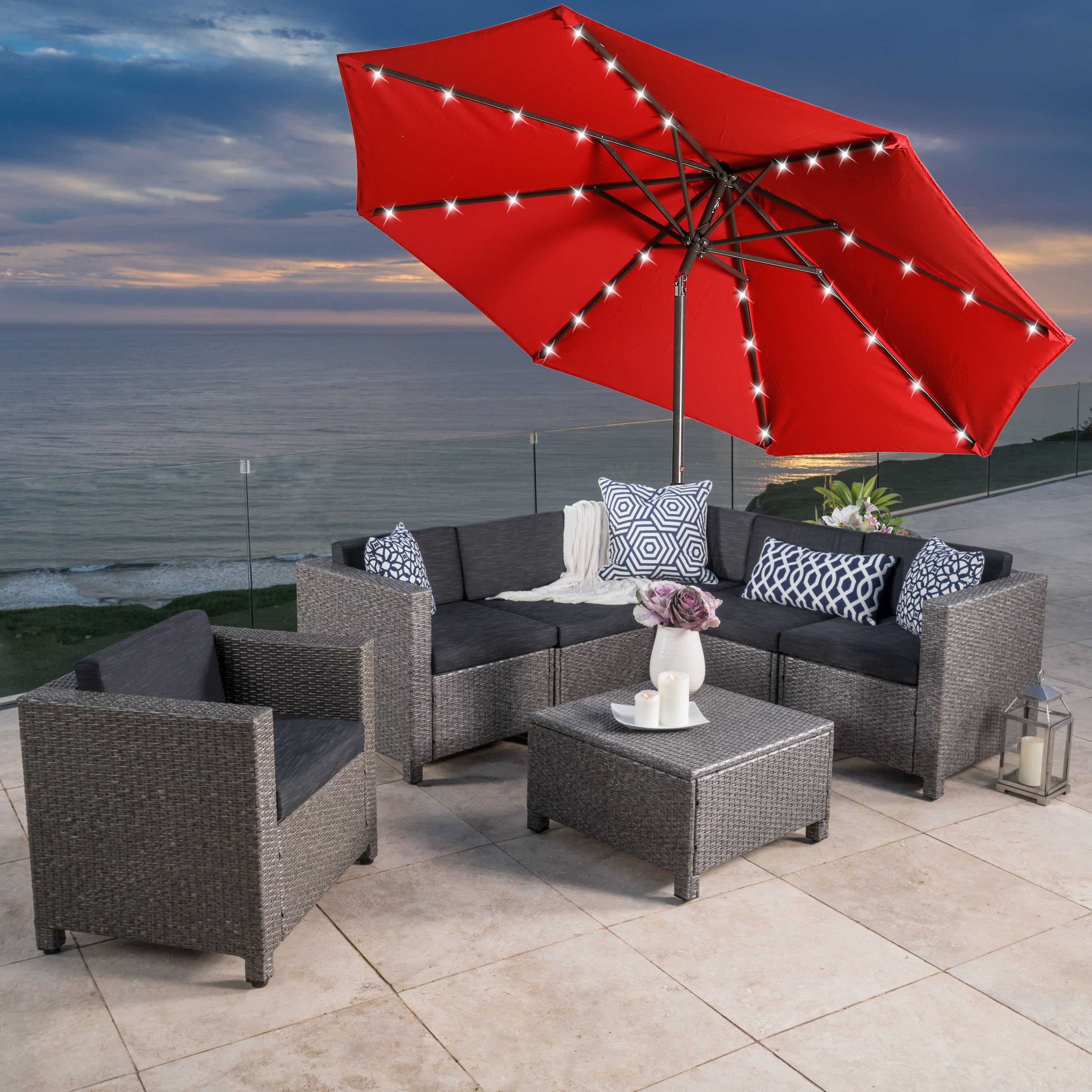 9ft Patio Umbrella Outdoor Market 32 LED Solar Umbrella with Tilt and Crank-Boyel Living