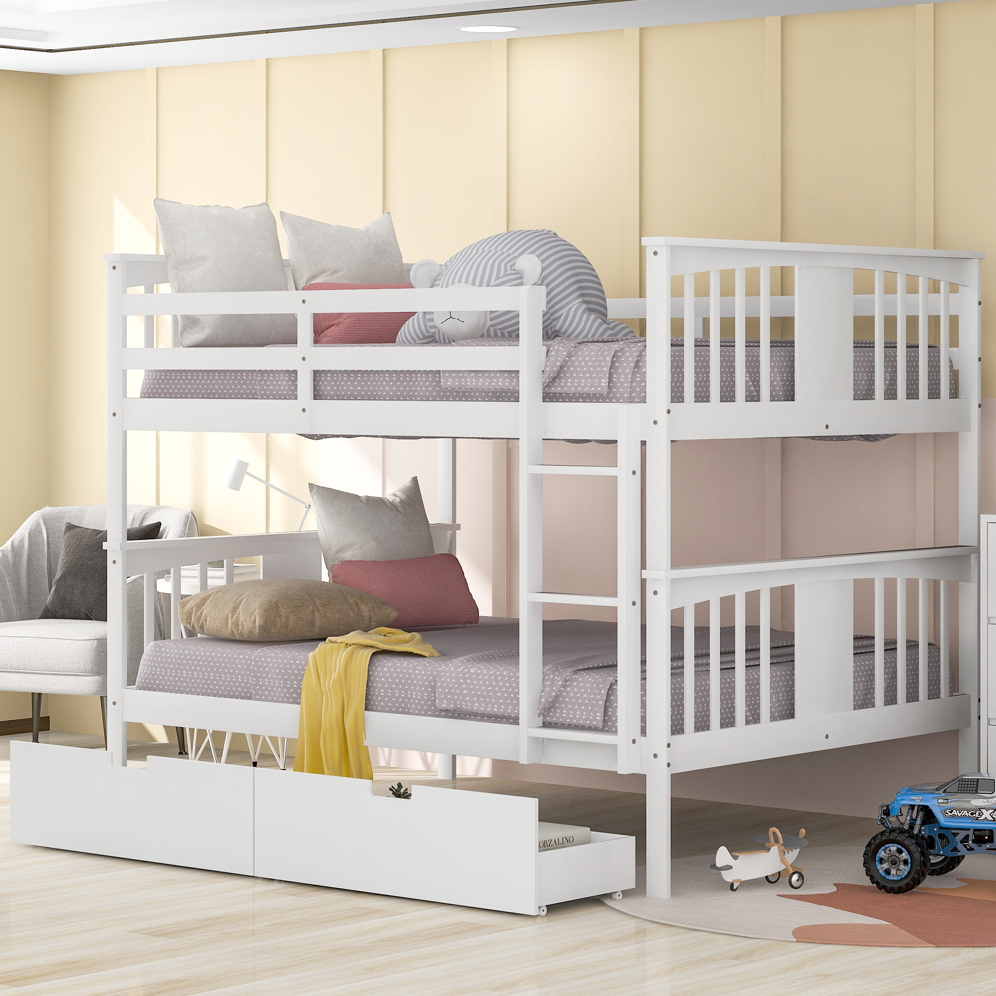 Full over Full Bunk Bed with Drawers and Ladder for Bedroom, Guest Room Furniture-White(OLD SKU :LP000205AAK)-Boyel Living