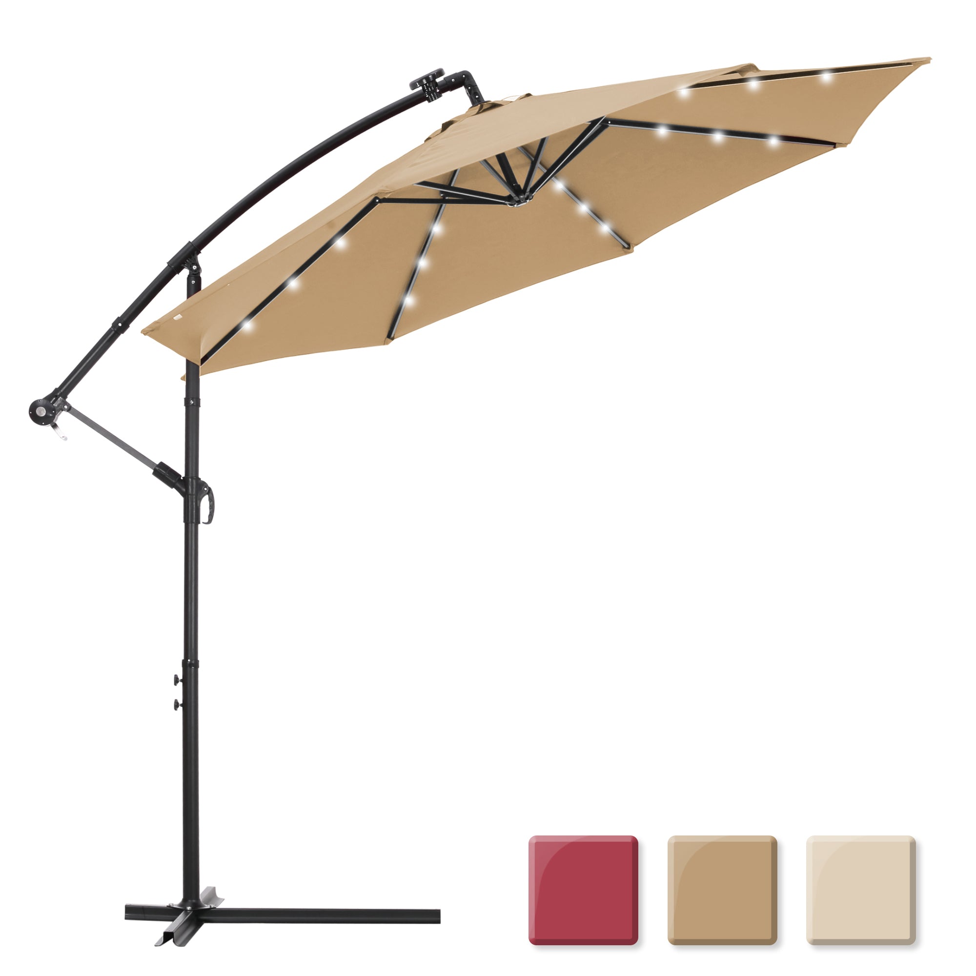 10 FT Solar LED Patio Outdoor Umbrella Hanging Cantilever Umbrella Offset Umbrella Easy Open Adustment with 24 LED Lights -taupe-Boyel Living