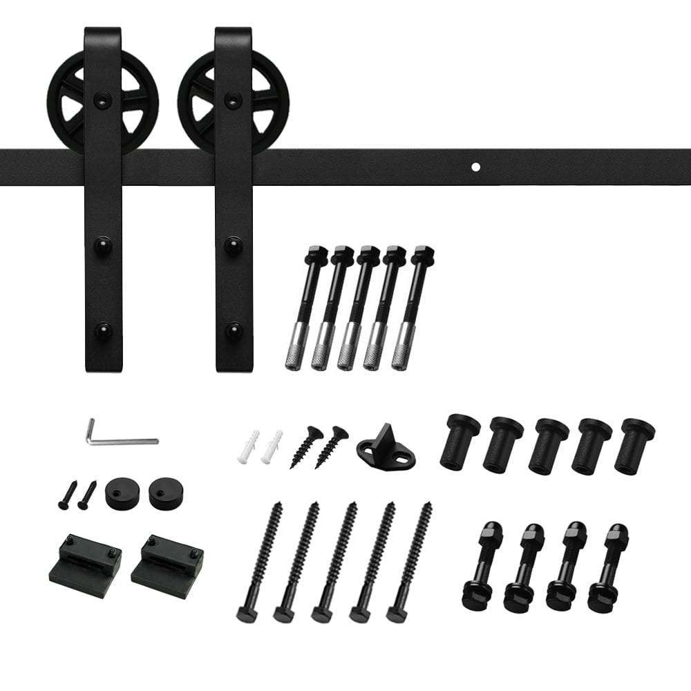 8 ft./96 in. Black Sliding Barn Door Track and Hardware Kit (Bigwheel J Shape Hanger) for Single Door with Floor Guide-Boyel Living