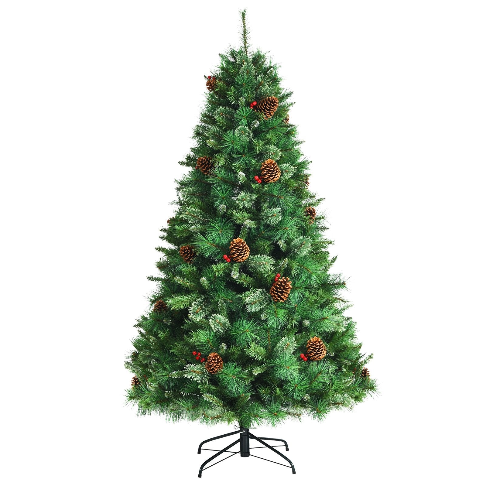 6 Feet Unlit Hinged PVC Artificial Christmas Pine Tree with Red Berries-Boyel Living