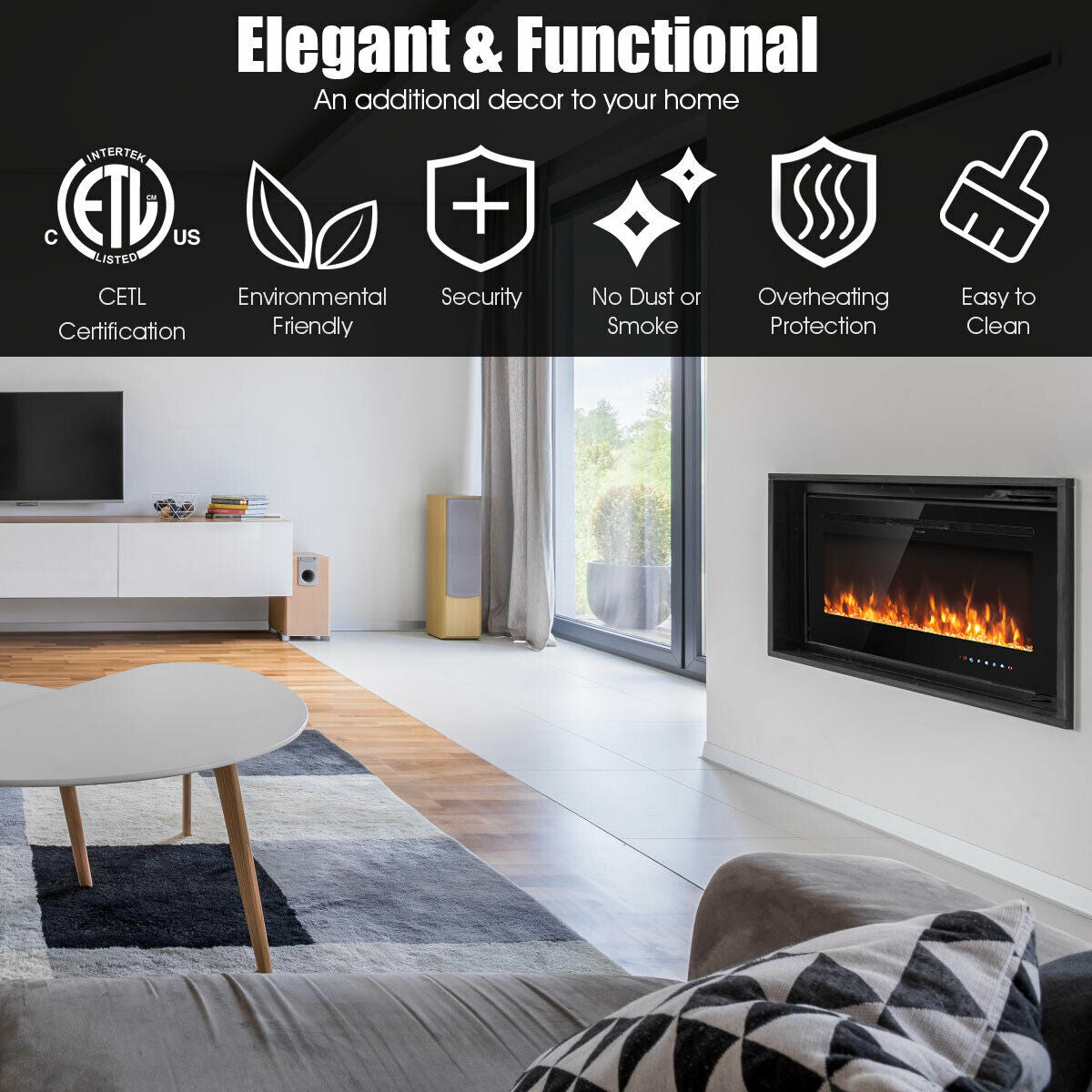 36" Wall Mounted Ultra thin Electric Fireplace with Touch Screen and Timer-Boyel Living