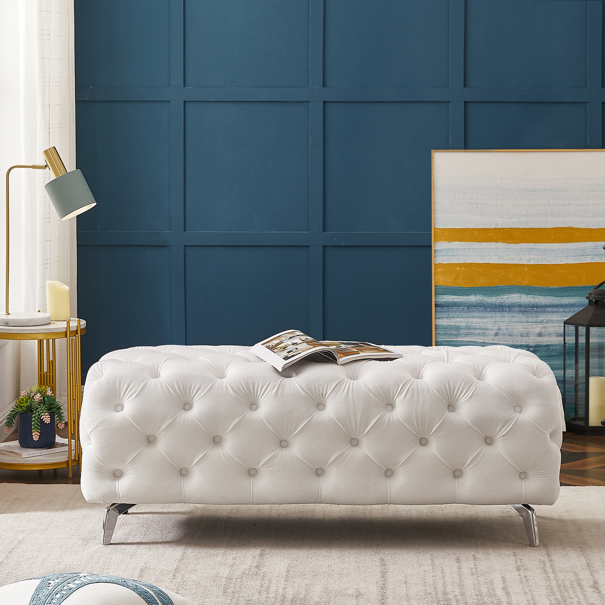 Button-Tufted Ottoman Bench, Upholstered Velvet Footrest Stool Accent Bench for Entryway Living Room Bedroom.-Boyel Living