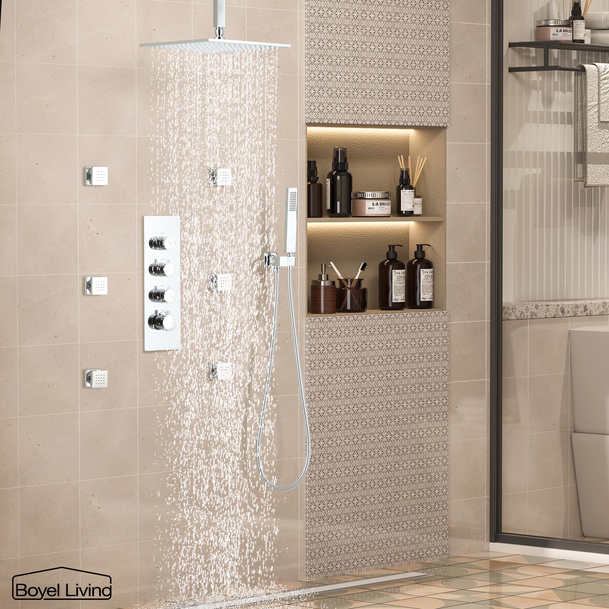 Boyel Living Luxury 6 Jets Thermostatic Shower System Combo Set with Ceiling Rainfall Shower Head and Handshower-Boyel Living
