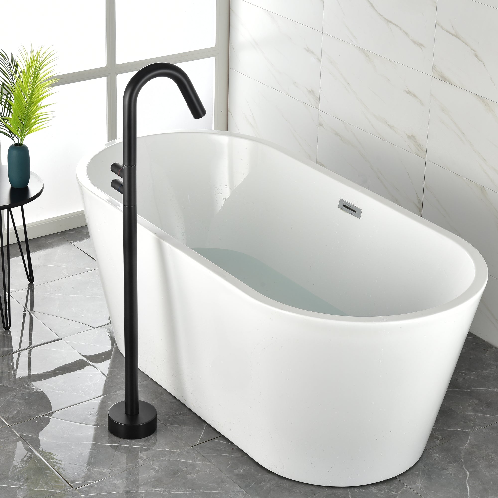 Boyel Living Freestanding Floor Mount 2-Handle Bath Tub Filler Faucet with Water Supply Lines in Matte Black-Boyel Living