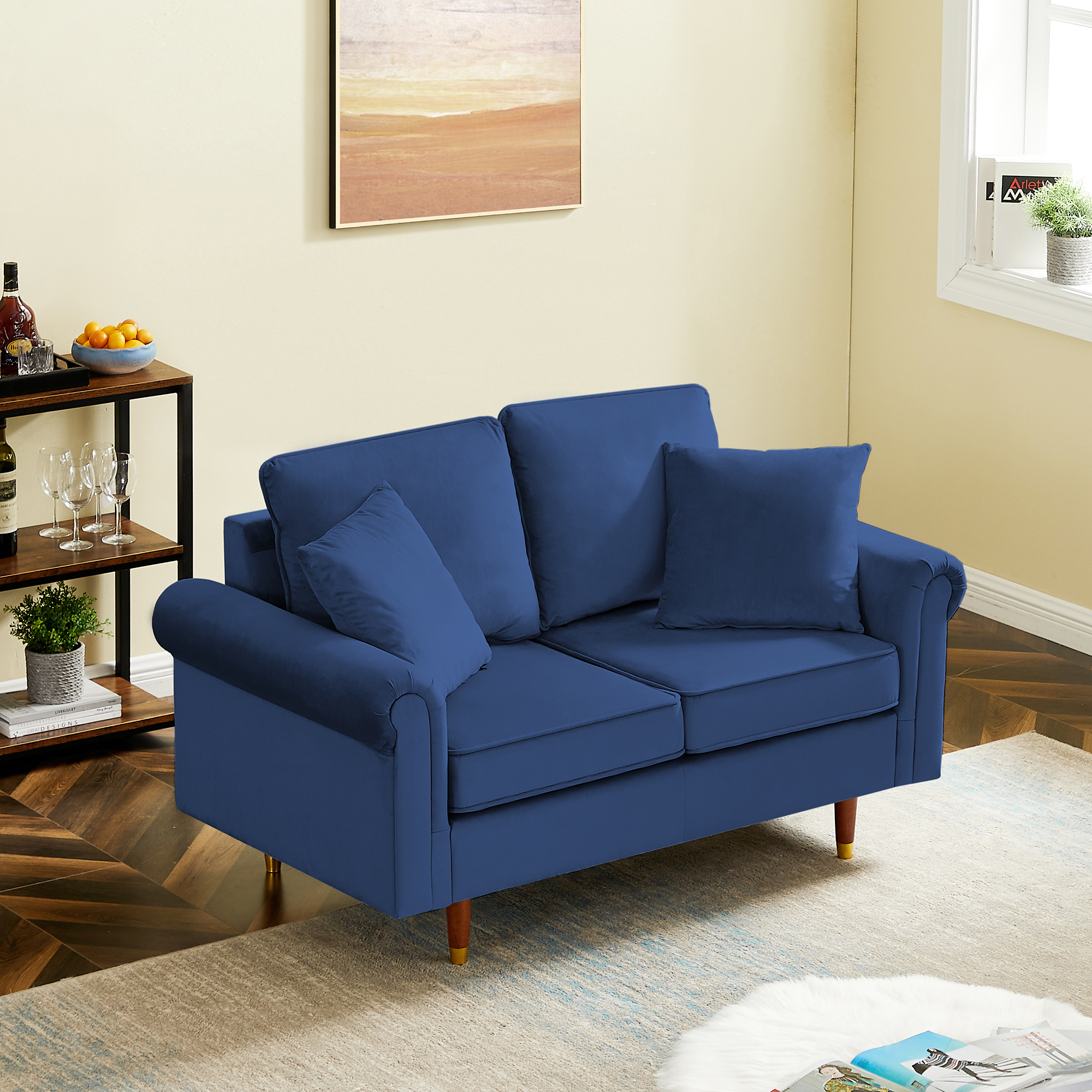 Velvet Sofa Couch with 2 Pillows, Modern Loveseat Sofa With Wood Legs for Living Room and Bedroom .-Boyel Living