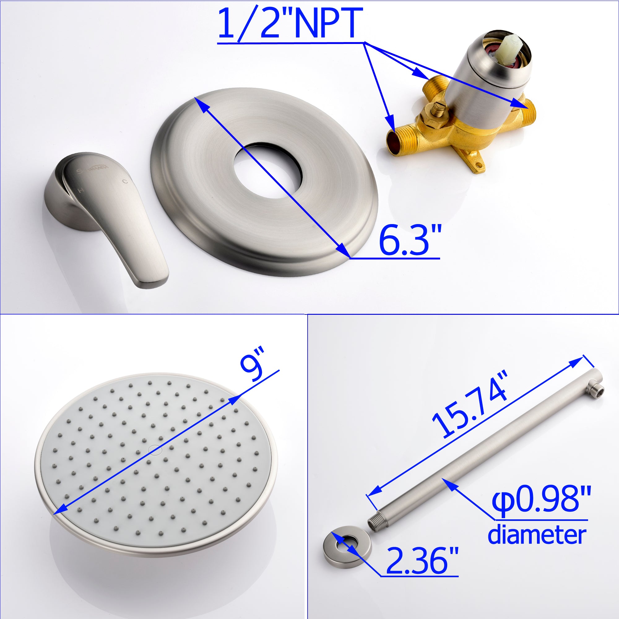 Boyel Living 1-Spray Patterns with 3.4 GPM 9 in. Wall Mount Rain Fixed Shower Head with Single Lever Handle and Valve-Boyel Living