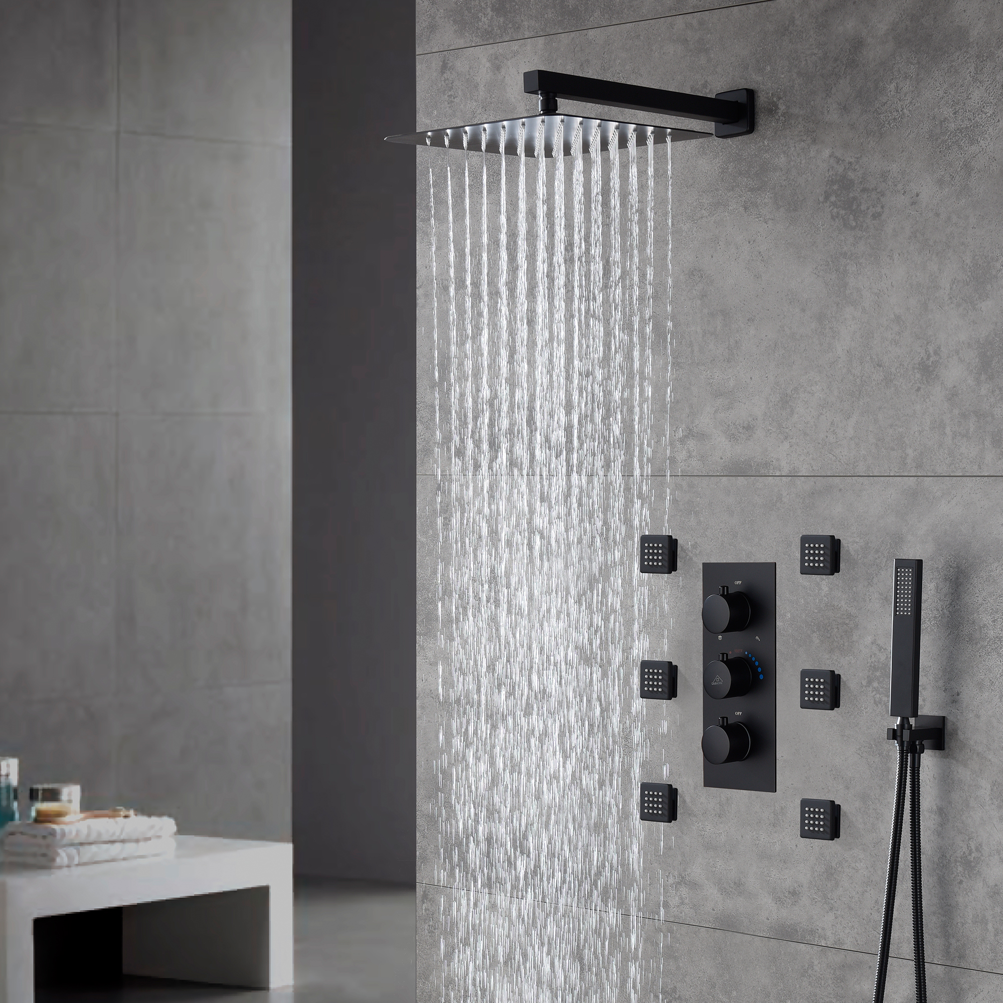 3 Way Thermostatic Complete Shower System with Rough-in Valve With 6 Body Jets
