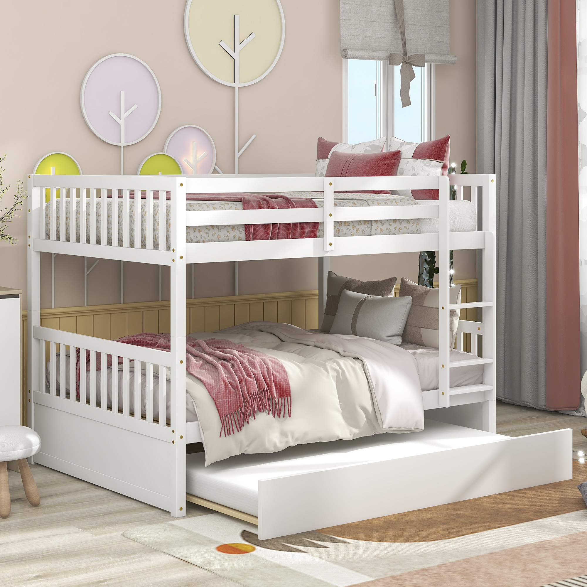 Full Over Full Bunk Bed with Trundle, Convertible to 2 Full Size Platform Bed, Full Size Bunk Bed with Ladder and Safety Rails for Kids, Teens, Adults,White-Boyel Living