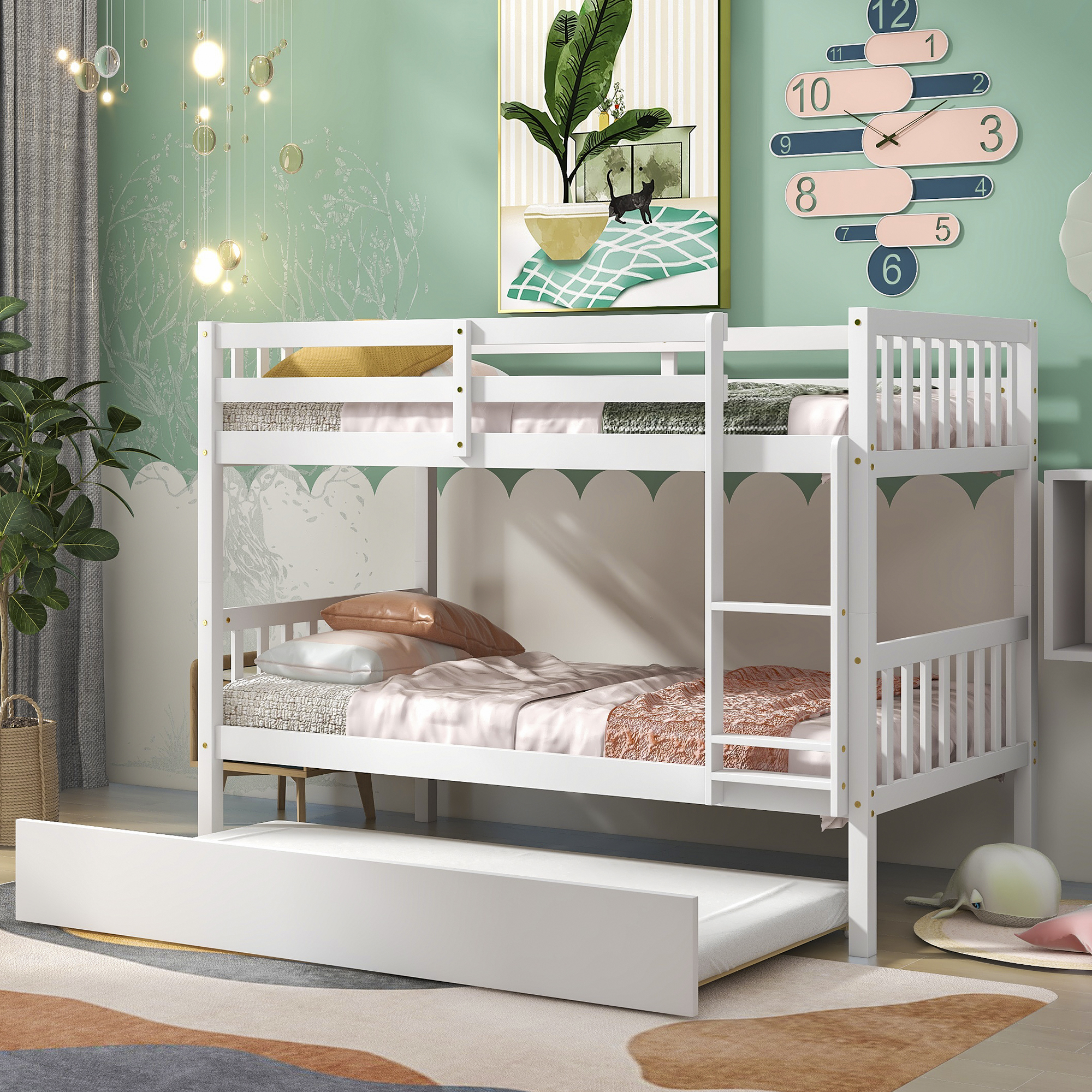 Twin Over Twin Bunk Beds with Trundle, Solid Wood Trundle Bed Frame with Safety Rail and Ladder, Kids/Teens Bedroom, Guest Room Furniture, Can Be converted into 2 Beds, White-Boyel Living