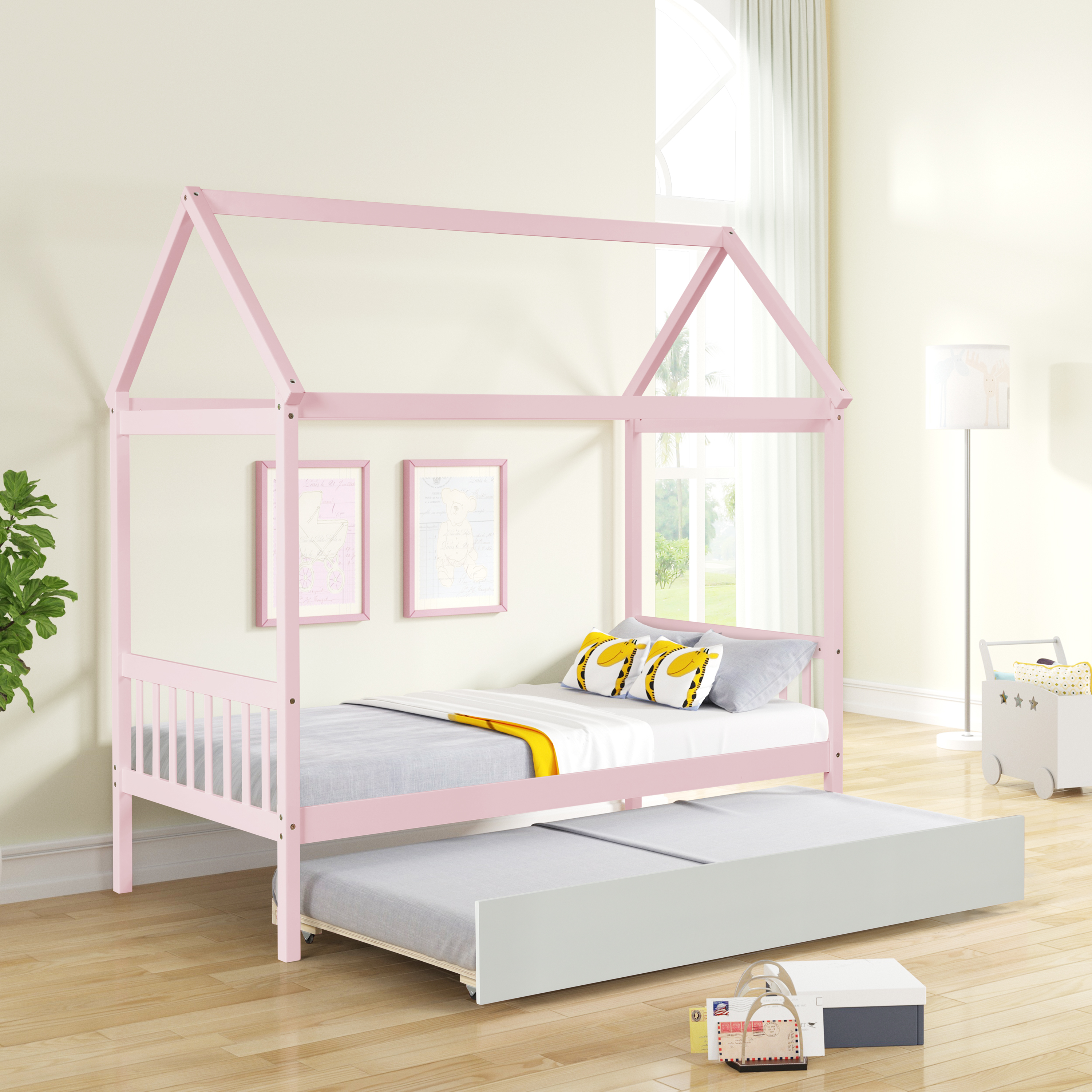 WARM PINK TWIN HOUSE BED WITH WHITE TWIN TRUNDLE