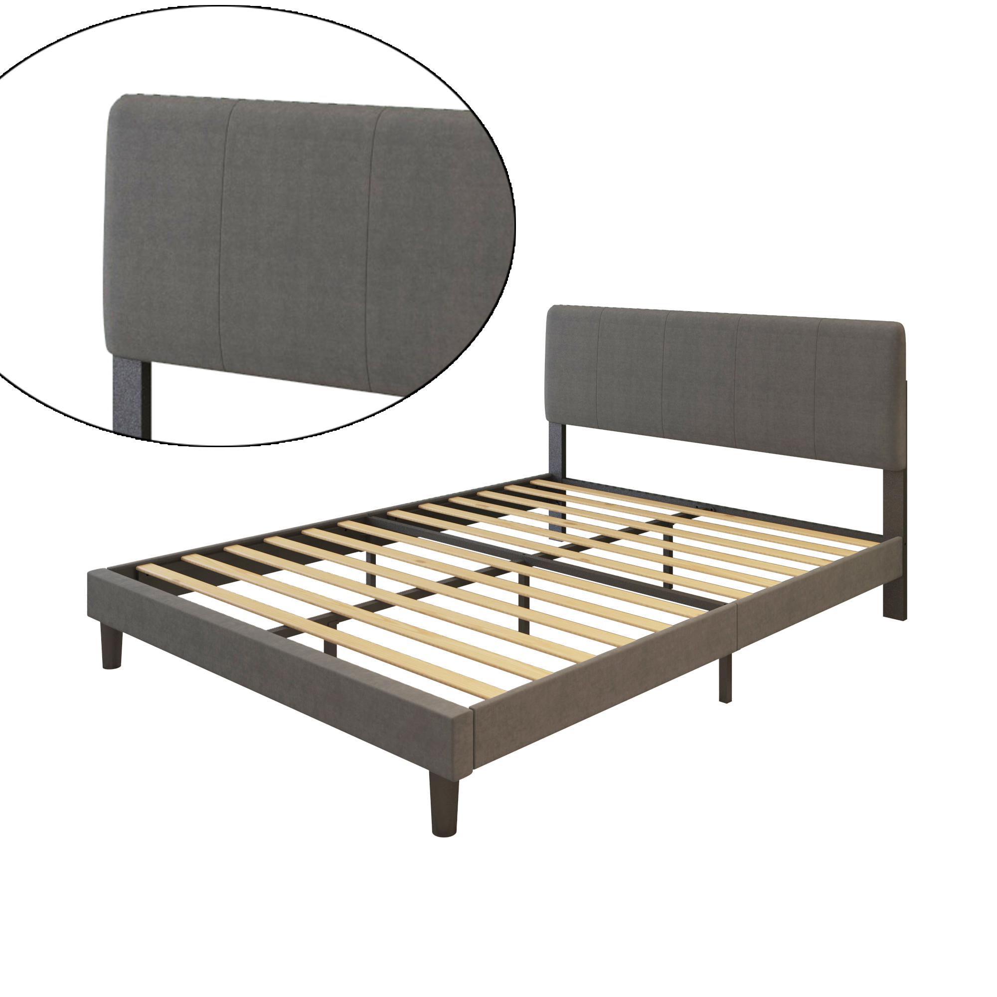 Queen Upholstered Headboard Platform Bed Frame ,With wood Slat Support,  Easy Assembly,  Dark Grey-Boyel Living
