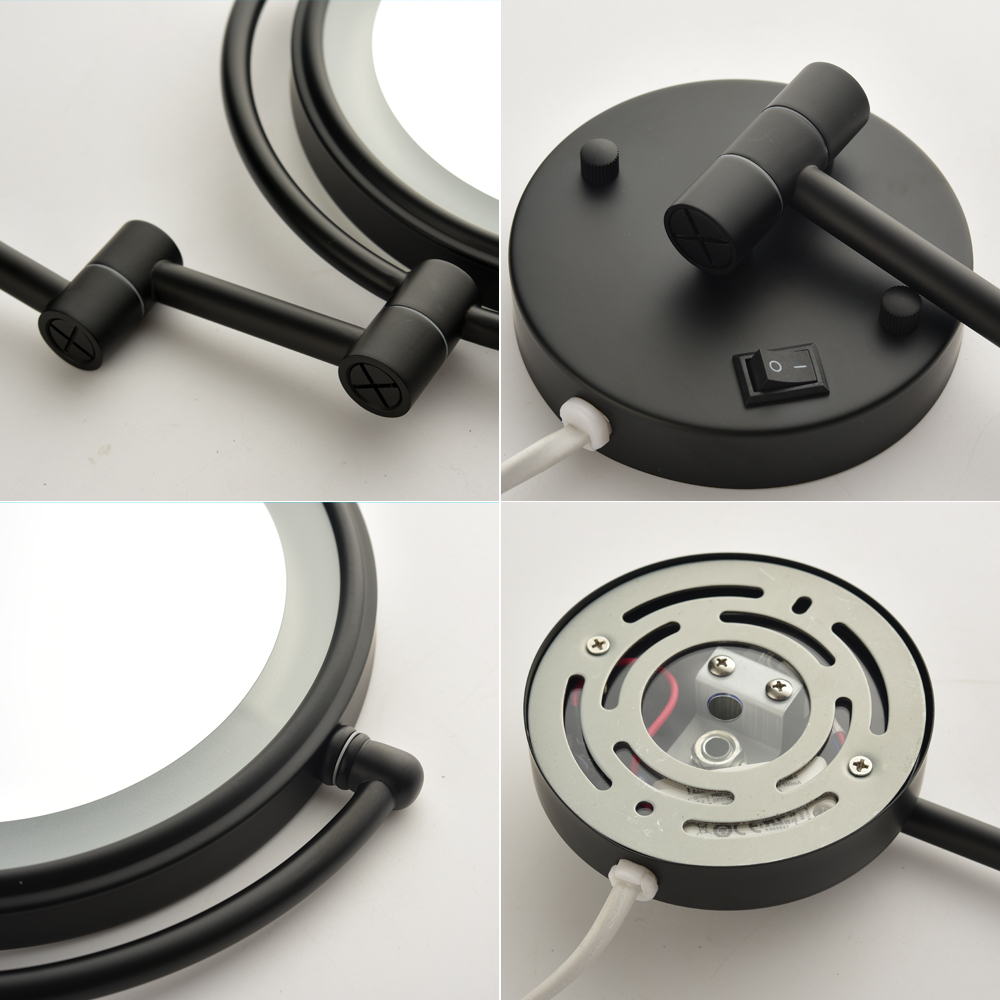  8 Inch Led Wall Mount Two-Sided Magnifying Makeup Vanity Mirror 12 Inch Extension Matte Black 1X/3X Magnification Plug 360 Degree Rotation Waterproof Button Shaving Mirror