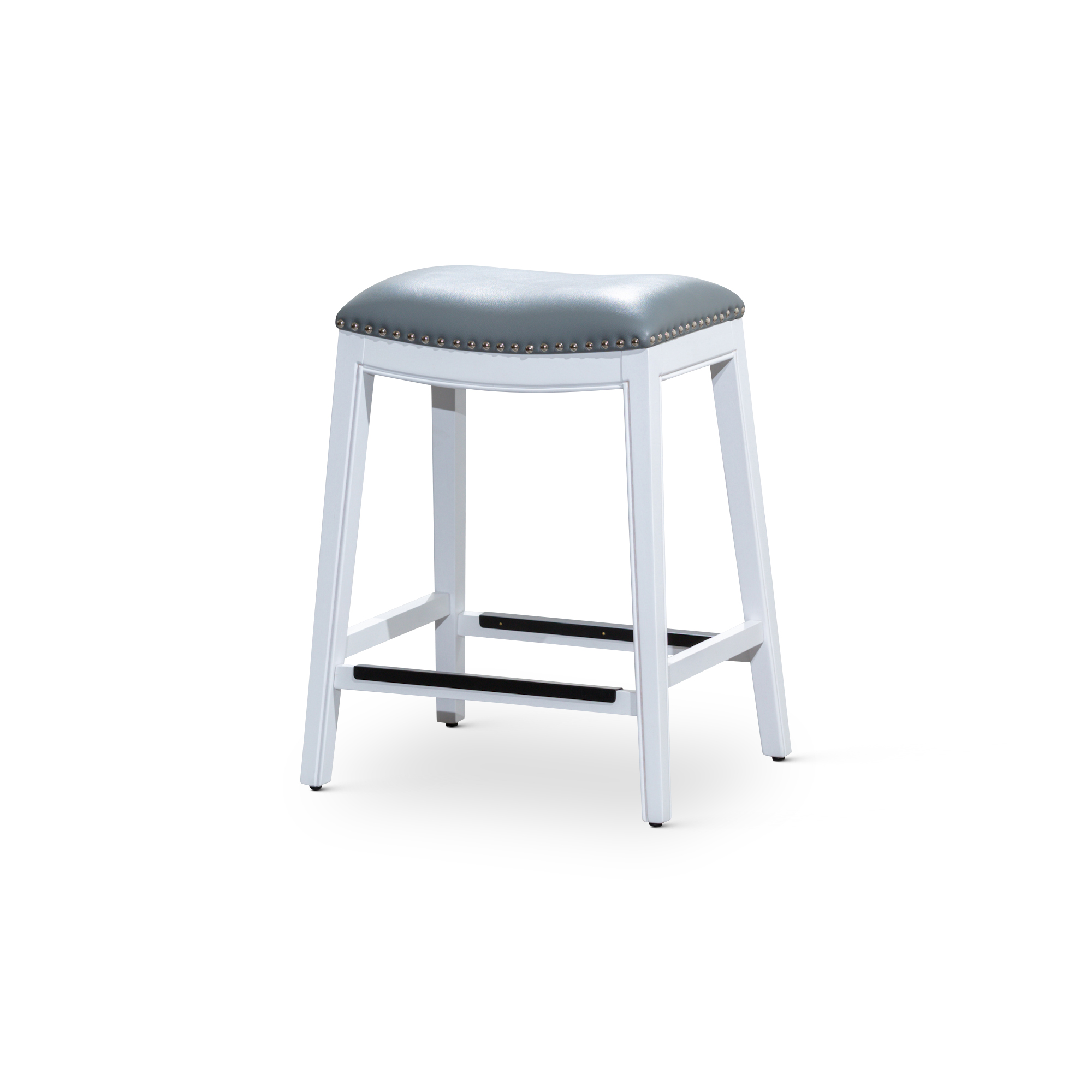 24" Counter Stool, White Finish, Gray Leather Seat