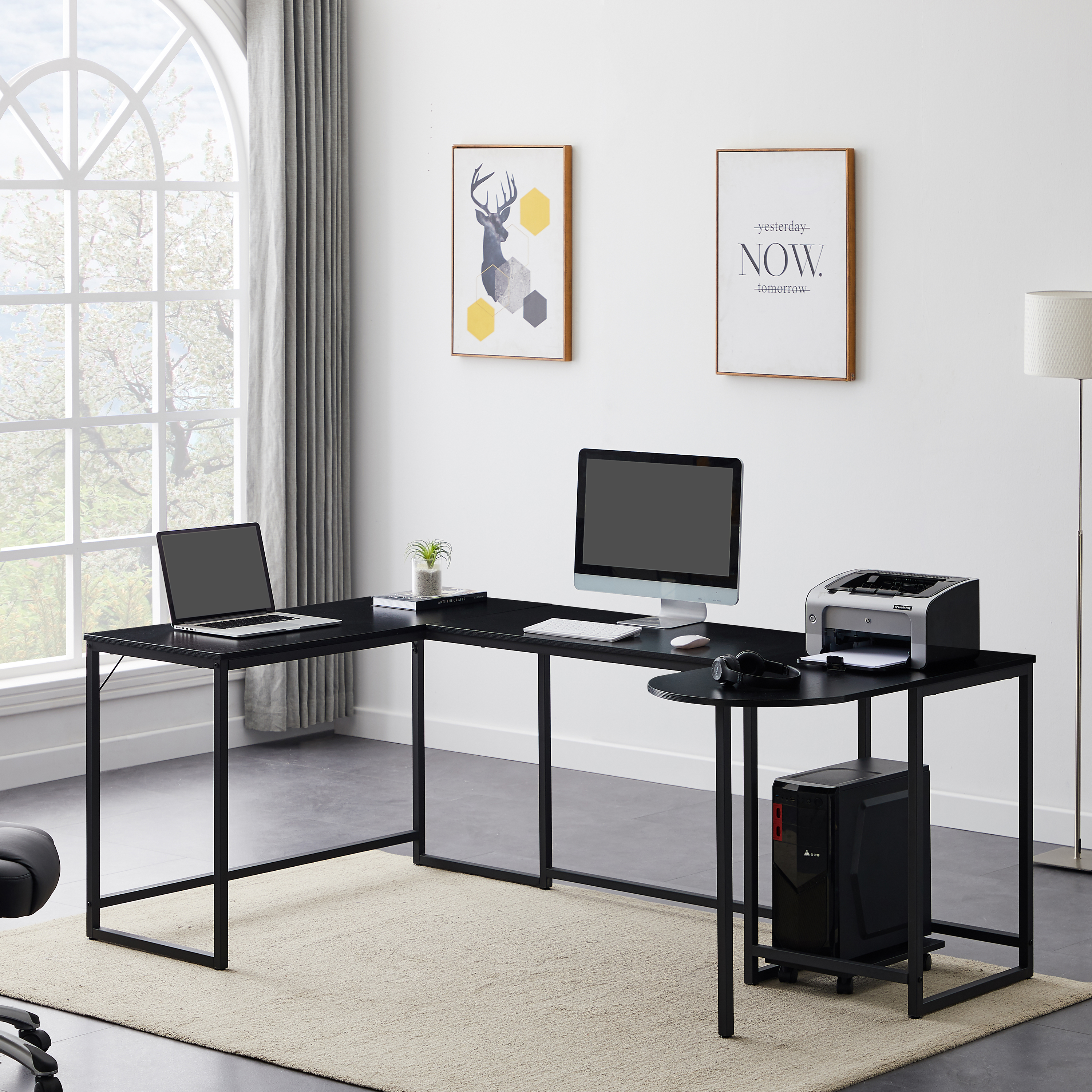 U-shaped Computer Desk, Industrial Corner Writing Desk with CPU Stand, Gaming Table Workstation Desk for Home Office (Black) (OLD SKU: WF198675AAB)-Boyel Living