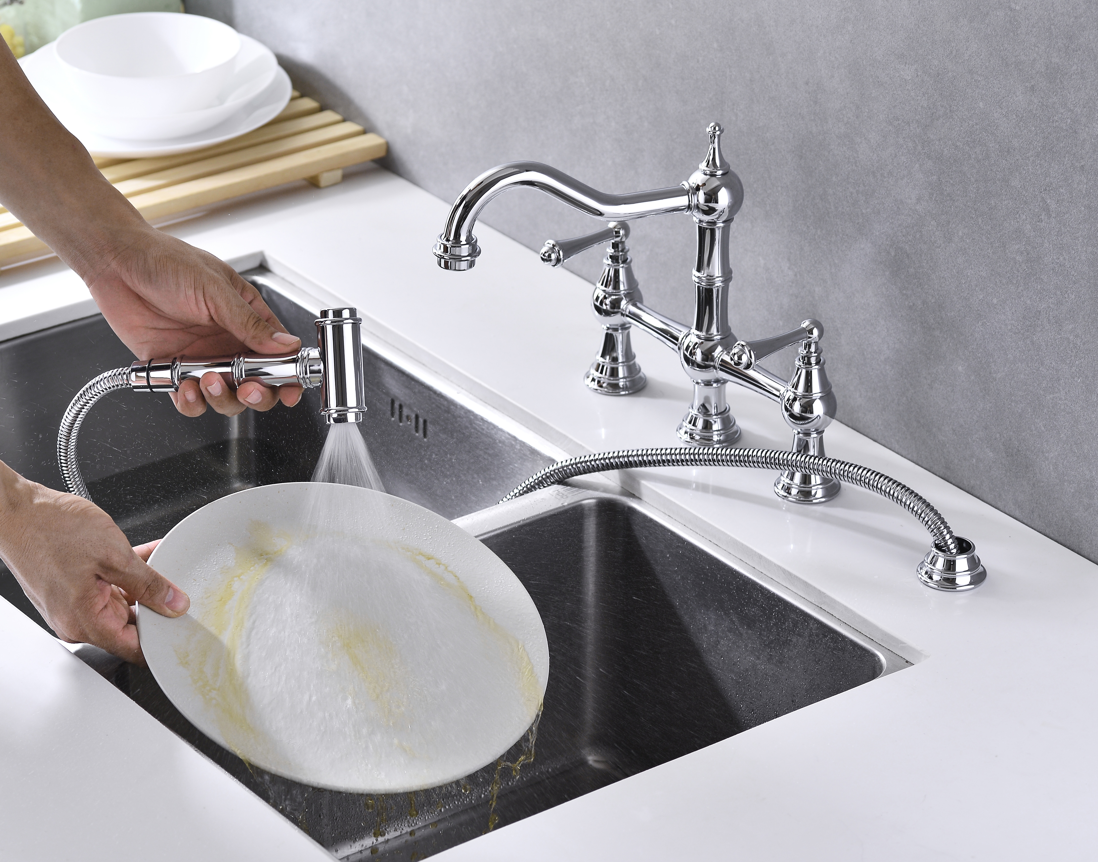 Bridge Dual Handles Kitchen Faucet With Pull-Out Side Spray in