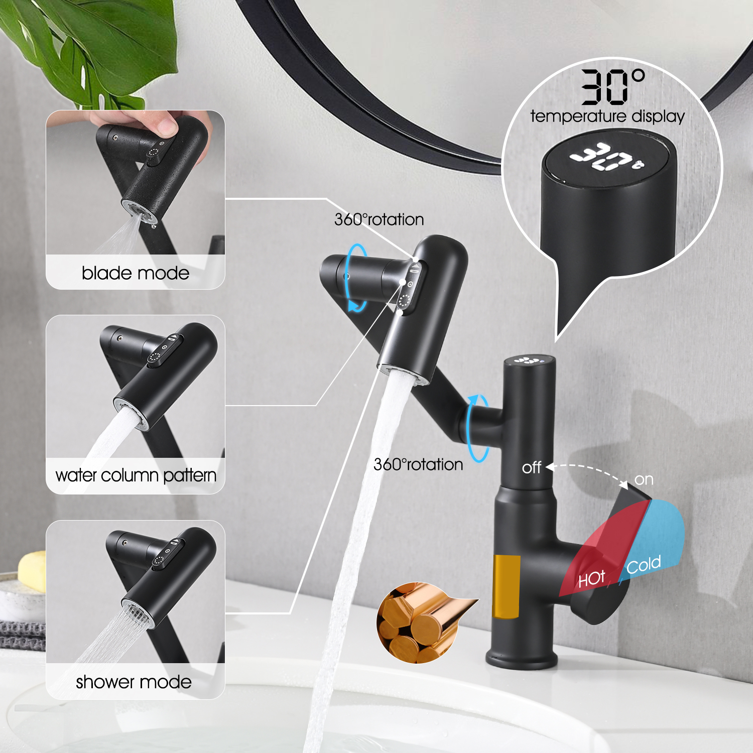 Single-Handle 1-Hole Bathroom Sink Faucet w/3-Spray Functions & Temperature Display 360-Degree Rotary Arm in Matte Black