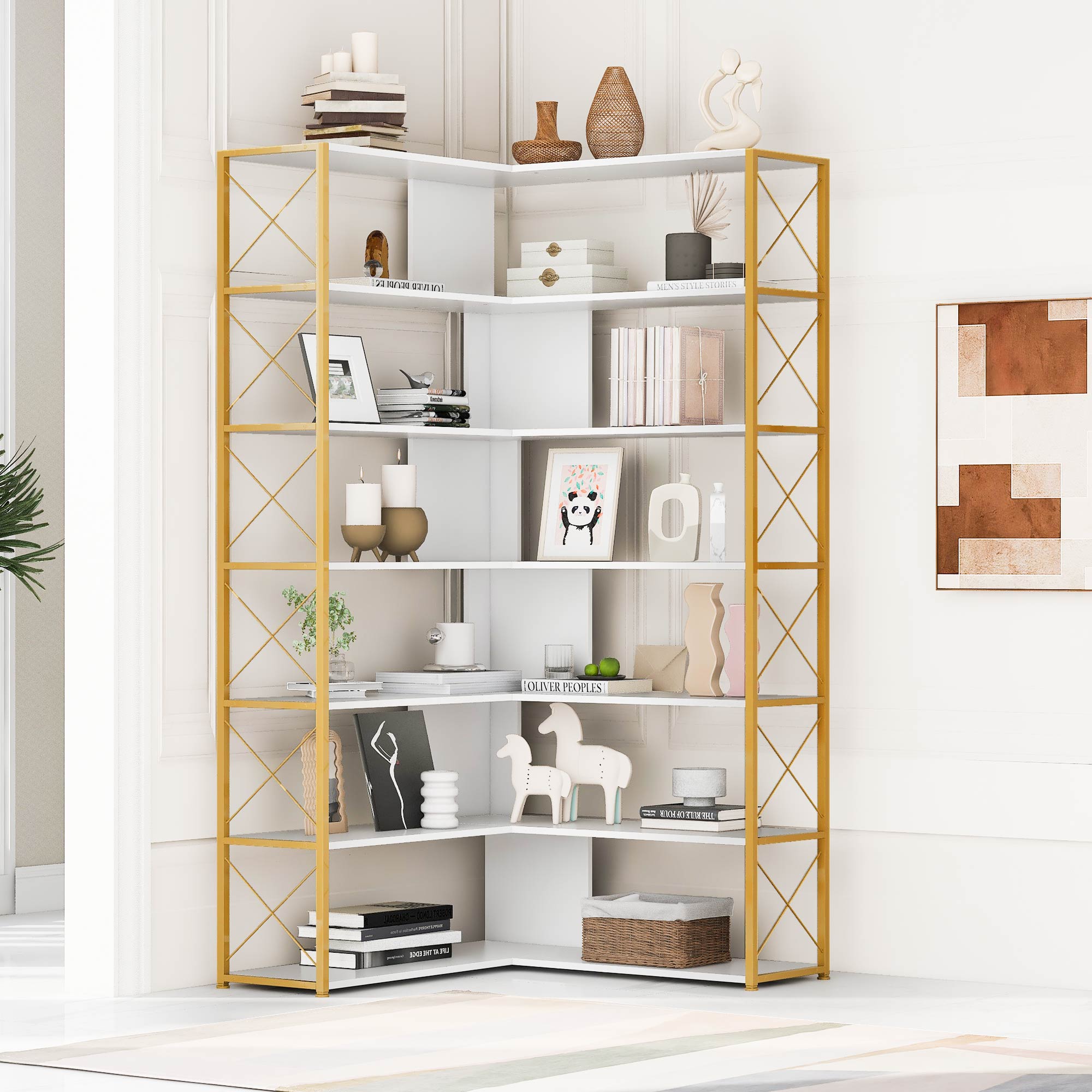 Golden+White 7-Tier Bookcase Home Office Bookshelf,  L-Shaped Corner Bookcase with Metal Frame, Industrial Style Shelf with Open Storage, MDF Board-Boyel Living