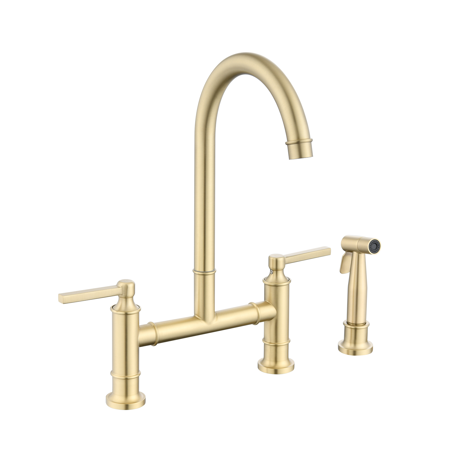 Boyel Living RV Kitchen Sink Faucet Brushed Gold Kitchen Faucet with Side Sprayer 3 Holes Double Handle 304 Stainless Steel Faucet for Outdoor Farmhouse Camper Laundry RV Bar