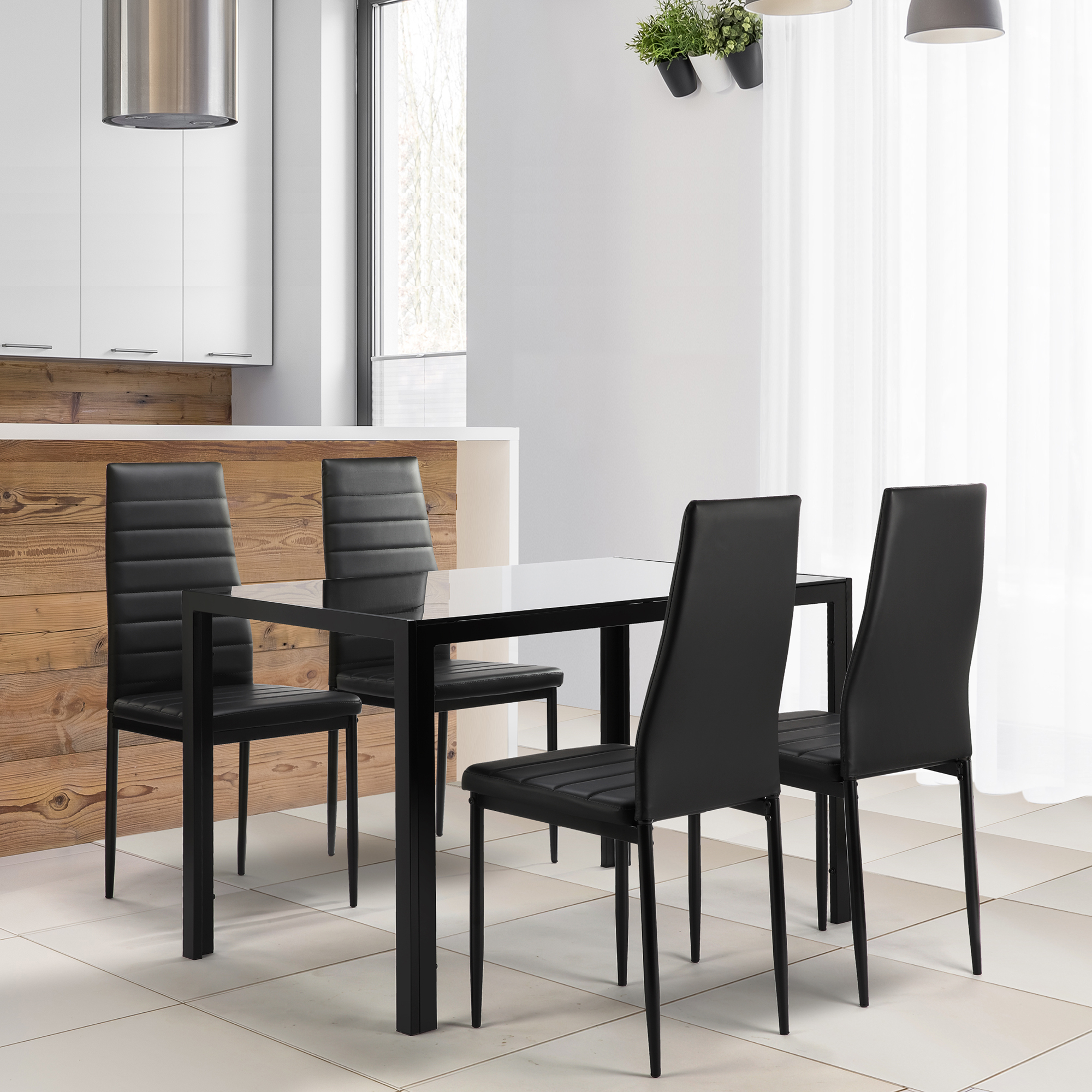 5 Pieces  Dining Table Set for 4,Kitchen Room Tempered Glass Dining Table ,4 Faux Leather Chairs ,Black-Boyel Living