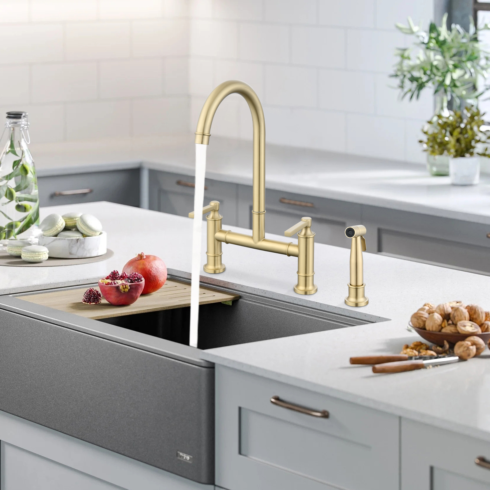 Boyel Living RV Kitchen Sink Faucet Brushed Gold Kitchen Faucet with Side Sprayer 3 Holes Double Handle 304 Stainless Steel Faucet for Outdoor Farmhouse Camper Laundry RV Bar