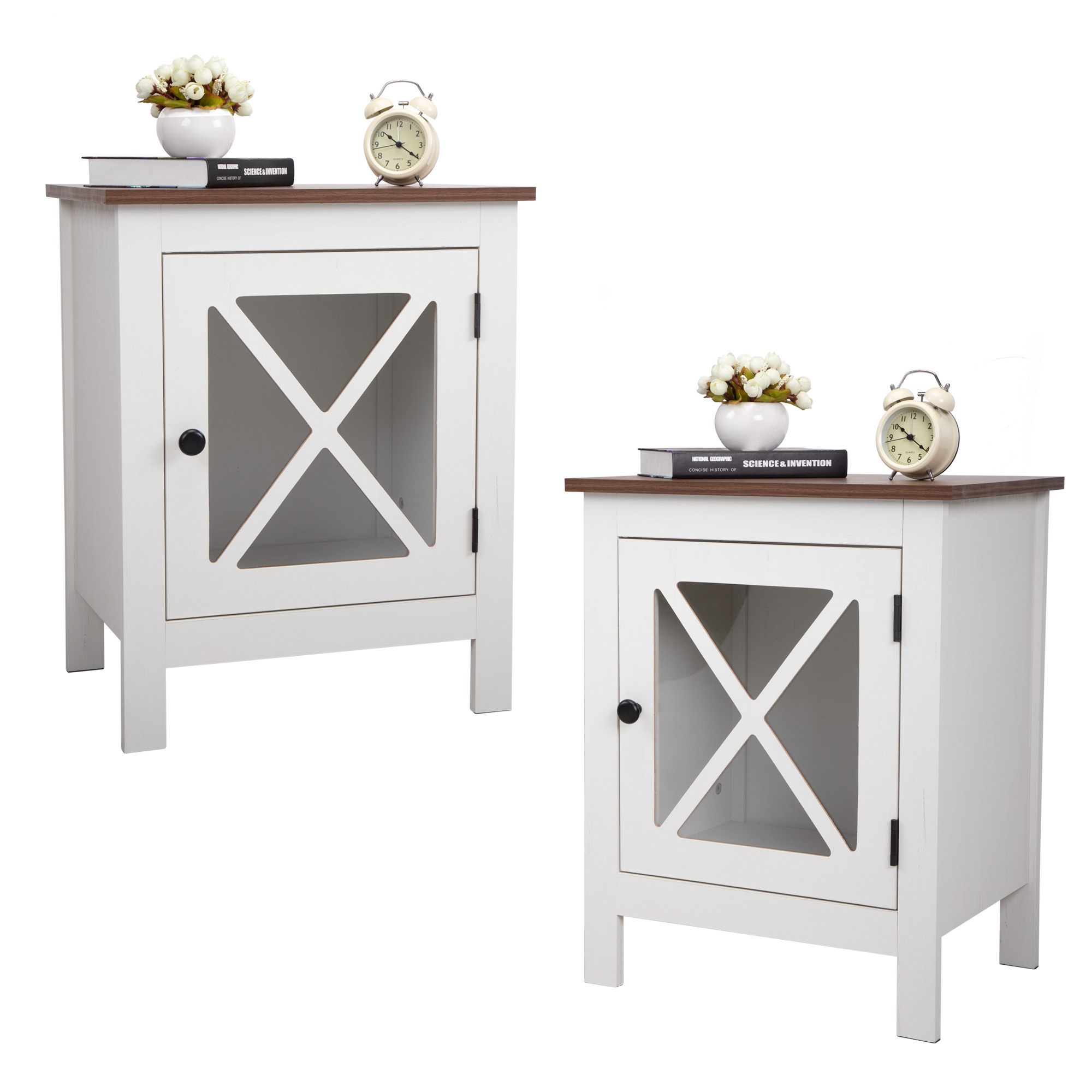 Industrial Nightstand Side Table End Table with X design glass Door - White  Walnut 2 pieces-Boyel Living