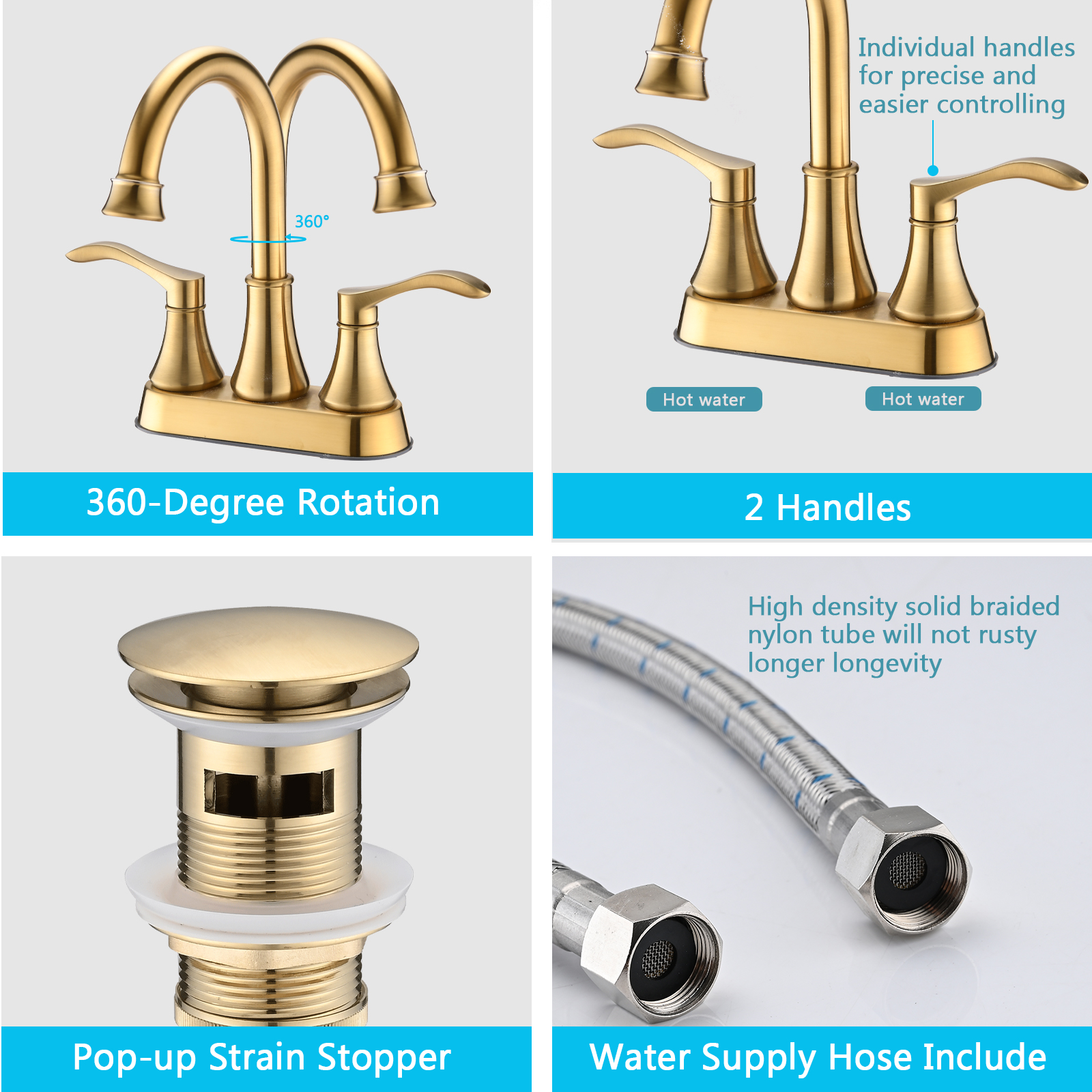4 inches Centerset Bathroom Faucet 360° Swivel Spout, with Pop Up Drain - Brushed Gold/Matte Black/Brushed Nickel 