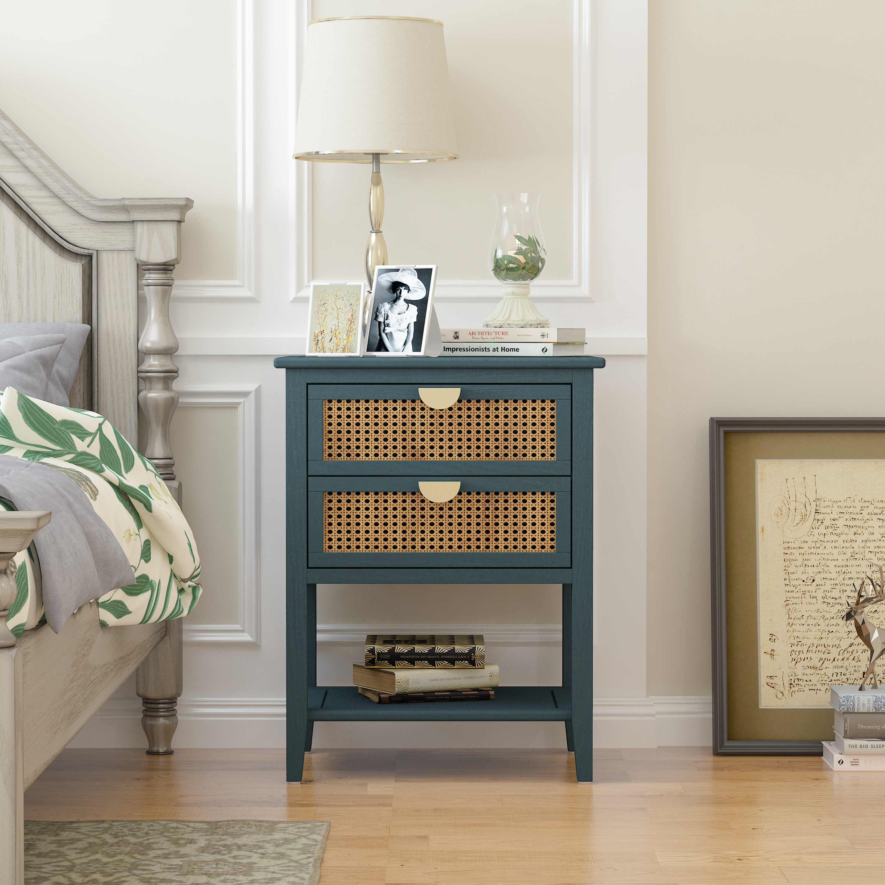 2 Drawer Side table,Naturel Rattan,End table,Suitable for bedroom, living room, study