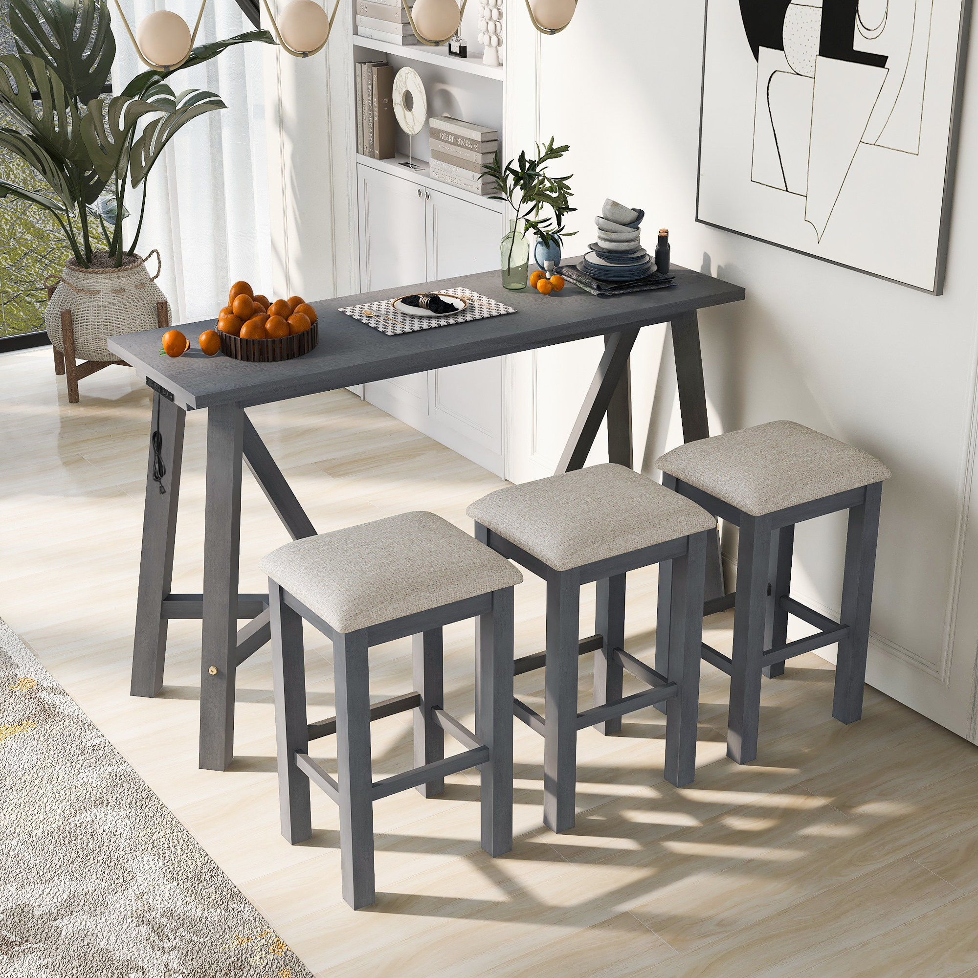 TREXM Multipurpose Home Kitchen Dining Bar Table Set with 3 Upholstered Stools(Gray)