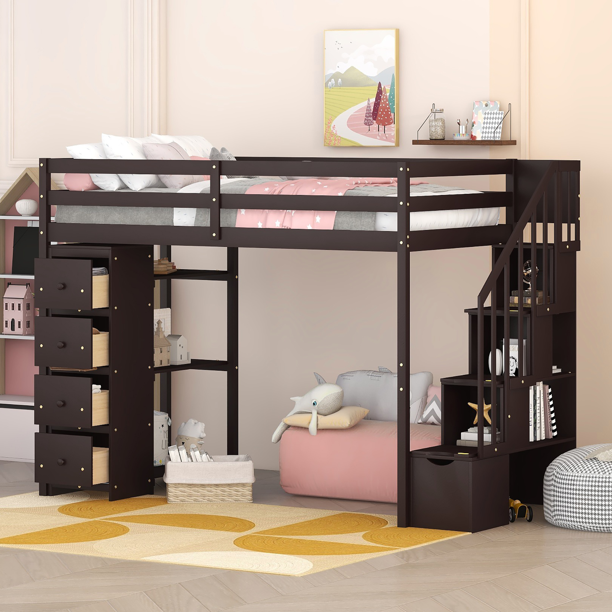 Twin size loft outlet bed with stairs