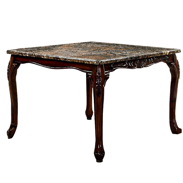 48 Inch Wood Counter Height Table, Marble top, Cabriole legs, Cherry Brown