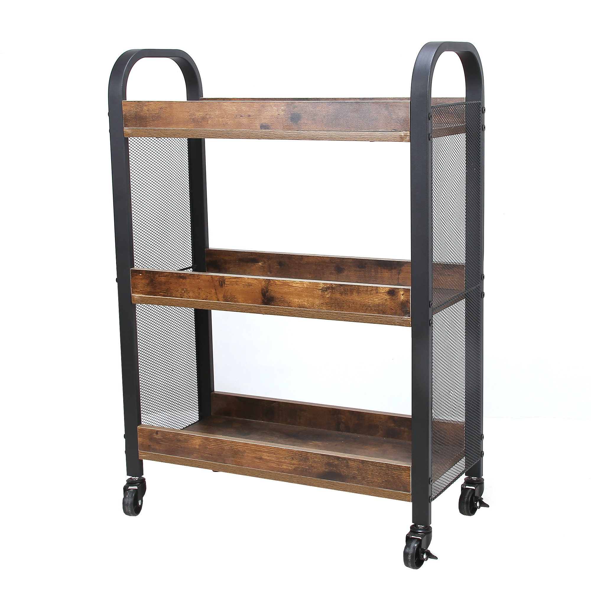 3 Tier Wood and Metal Kitchen Cart with Mesh Side Panel, Brown and Black