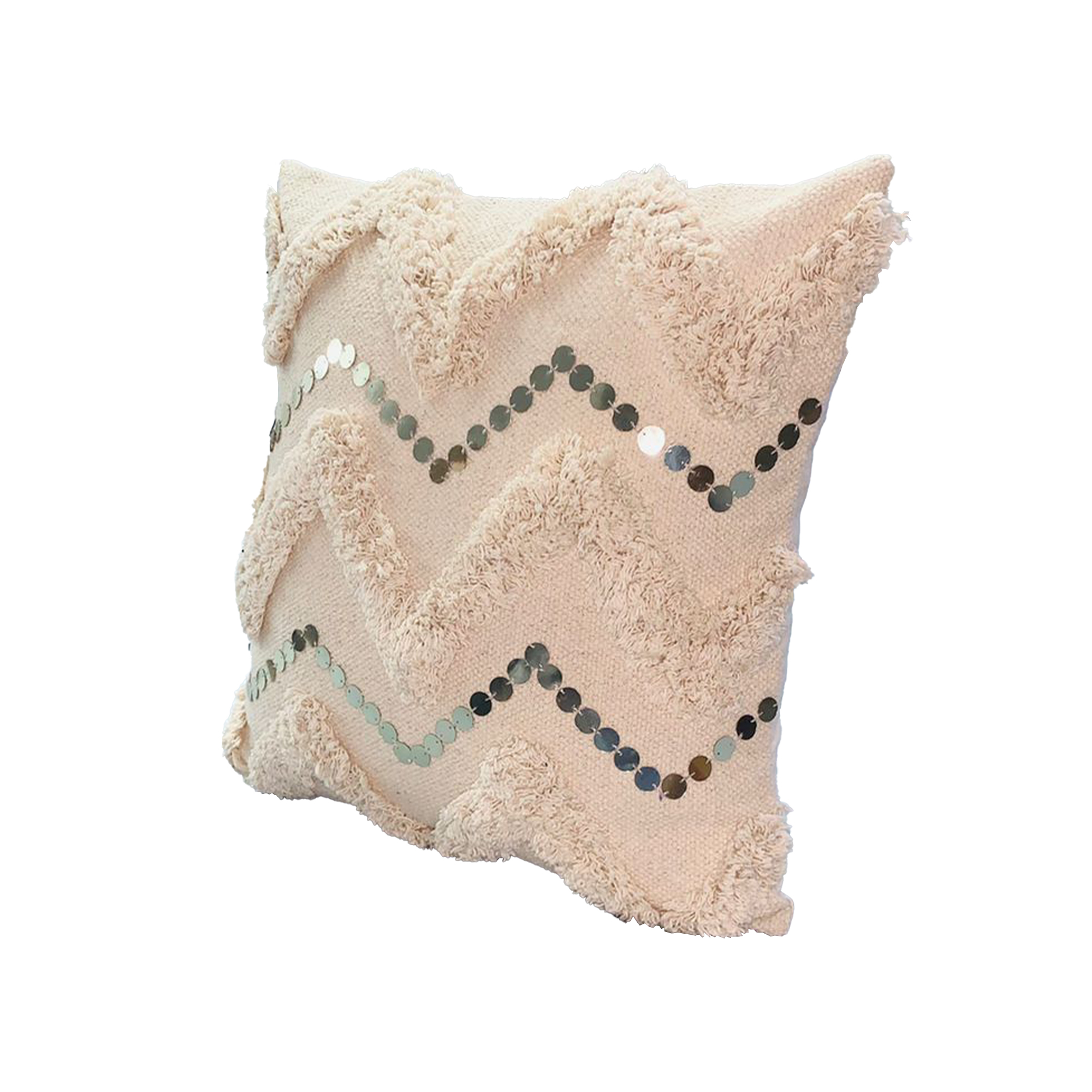 18 x 18 Square Cotton Accent Throw Pillow, Handcrafted Chevron Patchwork, Sequins, Blush Pink