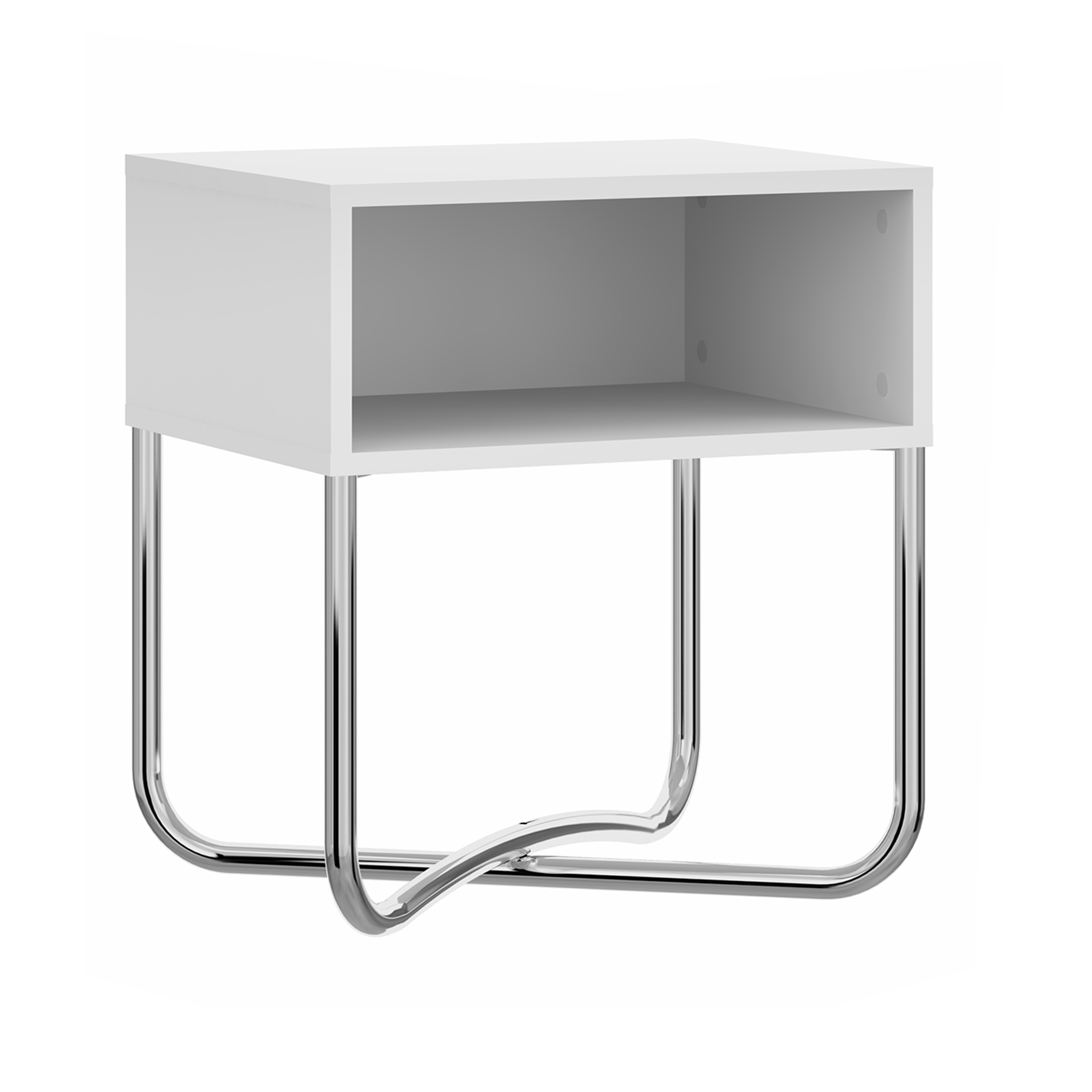 Bedside Nightstand with Open Compartment and Tubular Metal Base, White and Chrome