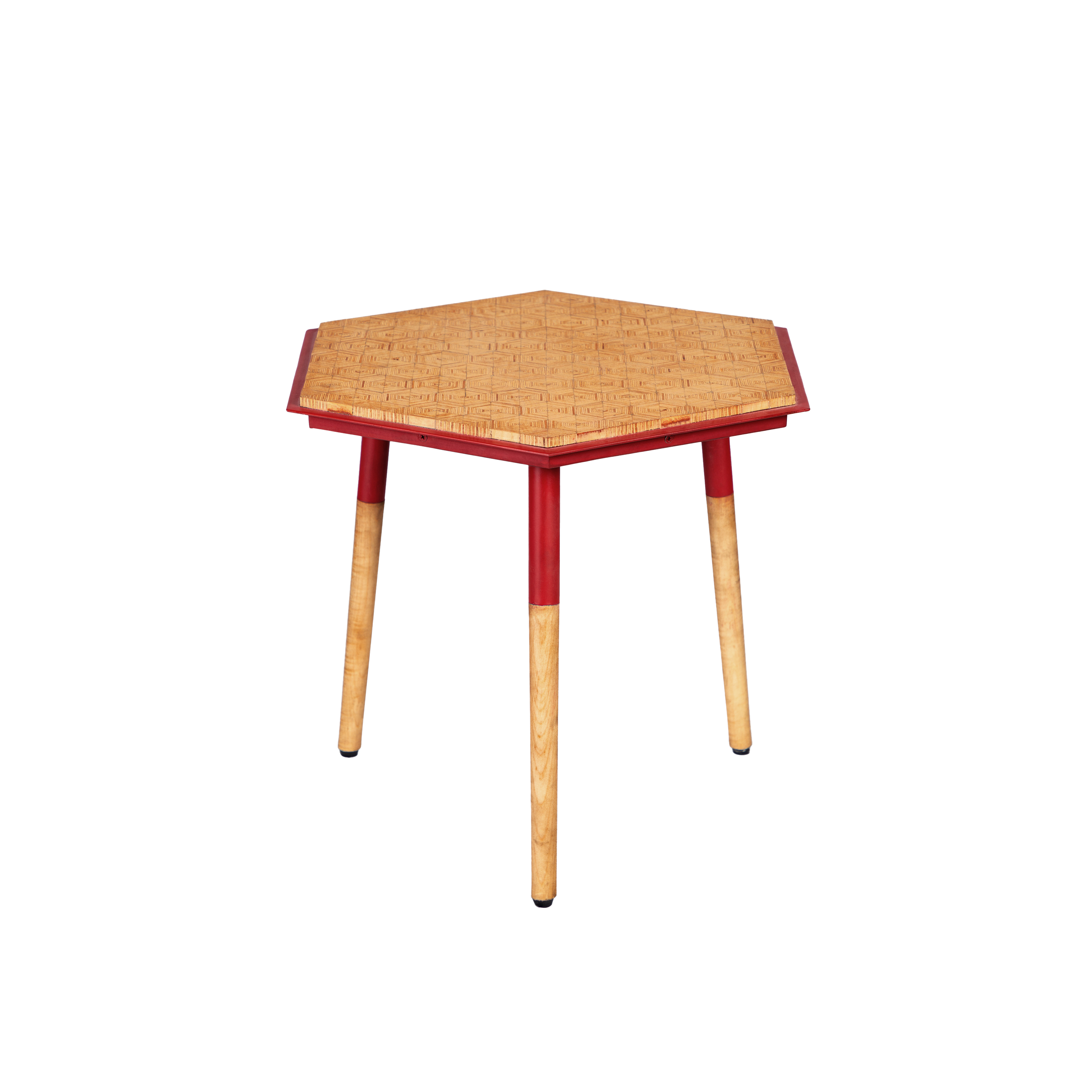 Paige 18 Inch Hexagon Illusion Wood Side Table, Brown, Red
